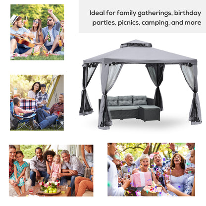 10' x 10' Patio Gazebo Pavilion, 2-Tier Roof Canopy Outdoor Event Tent with Steel Frame and Mosquito Netting for Garden, Yard and Sun Shade Use, Grey