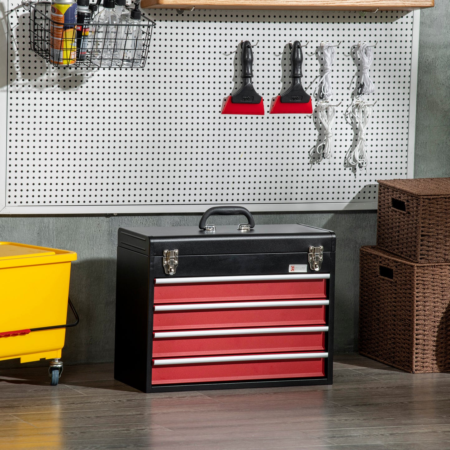 15.6" Tall Portable Metal Tool Box with Metal Latch Closure, 4 Drawer Lockable Tool Chest with Ball-bearing Slider for Garage, Household and Warehouse, Red