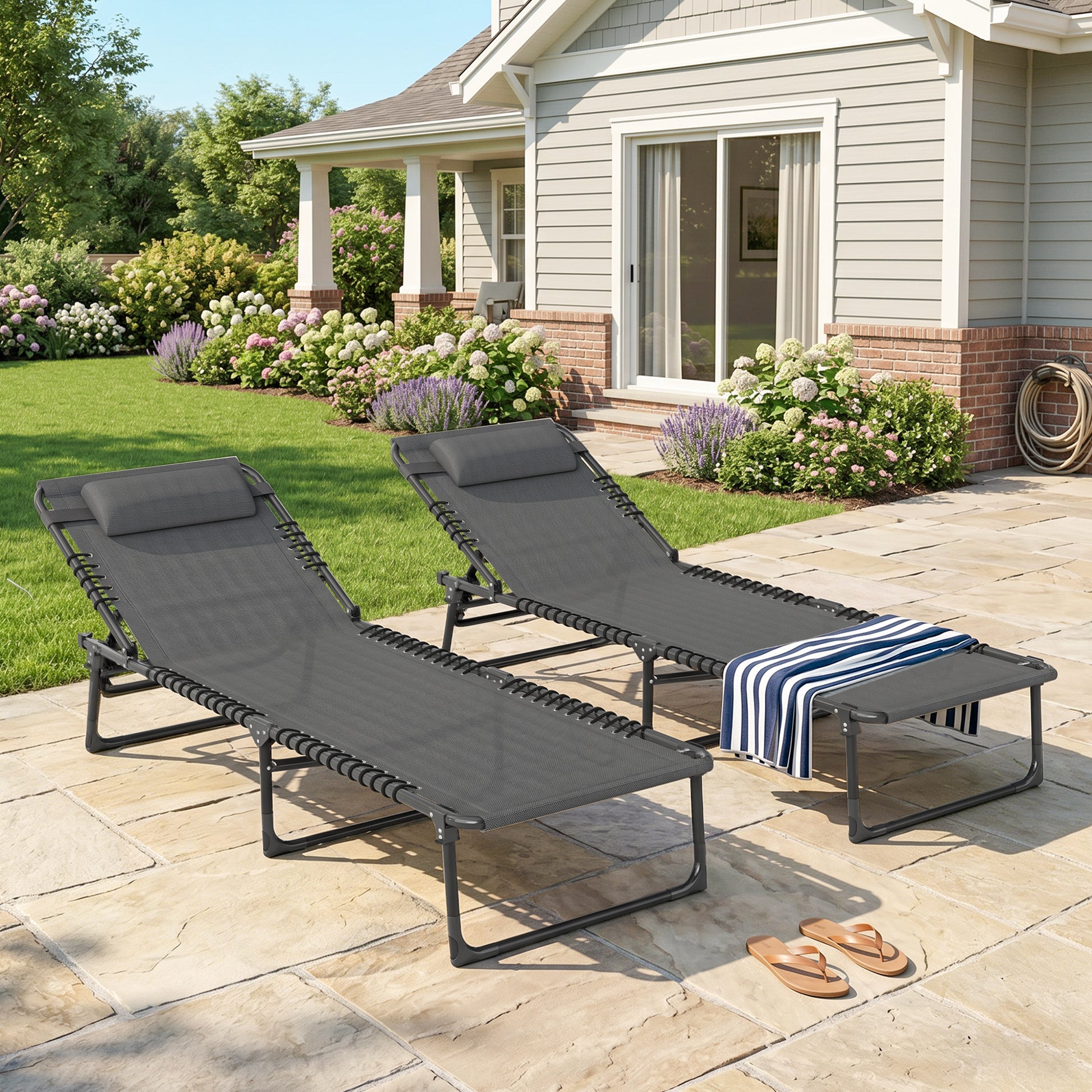 2 PCs Folding Lounge Chairs, Adjustable Chaise Lounges with Headrest, Reclining Lounger Cot for Camping, Hiking, Grey