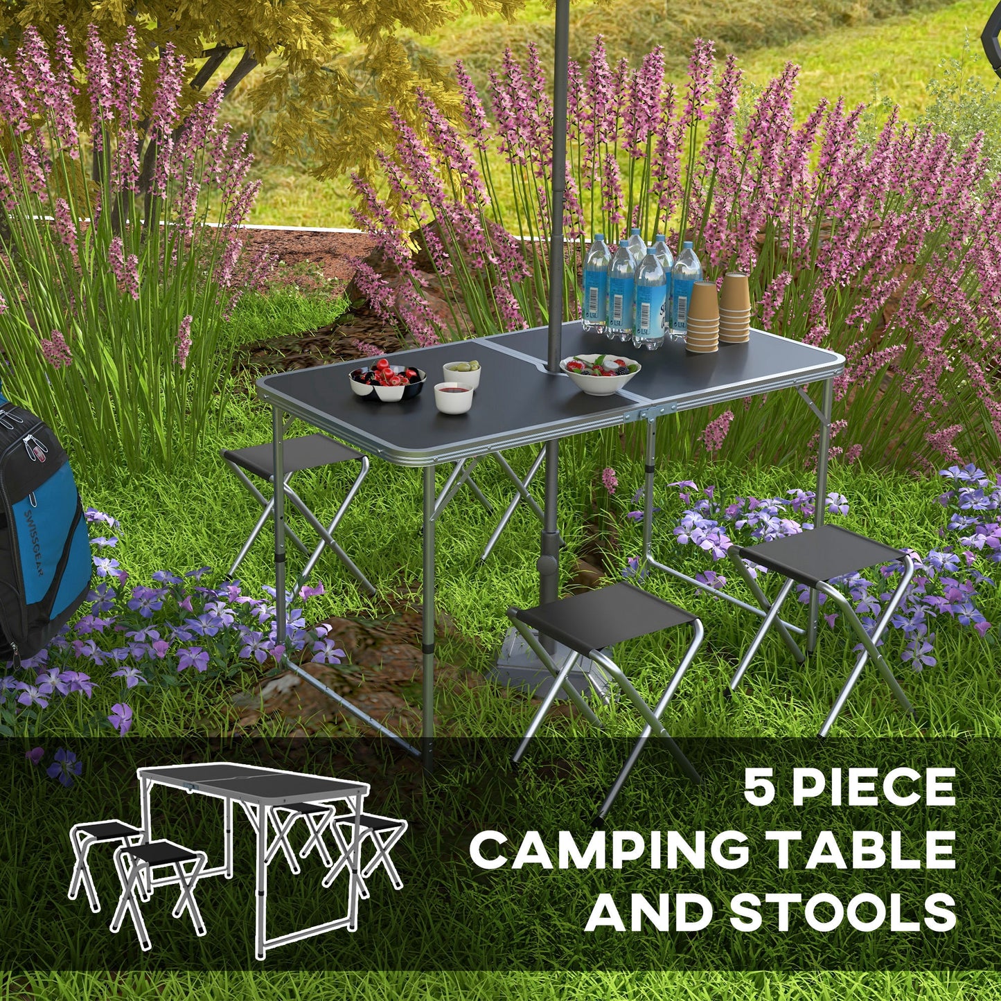 Folding Picnic Table Camping Table and Chairs Use for BBQ Picnic Garden Parties 47.2" L x 23.6" W x 21.7" -27.6" H Black