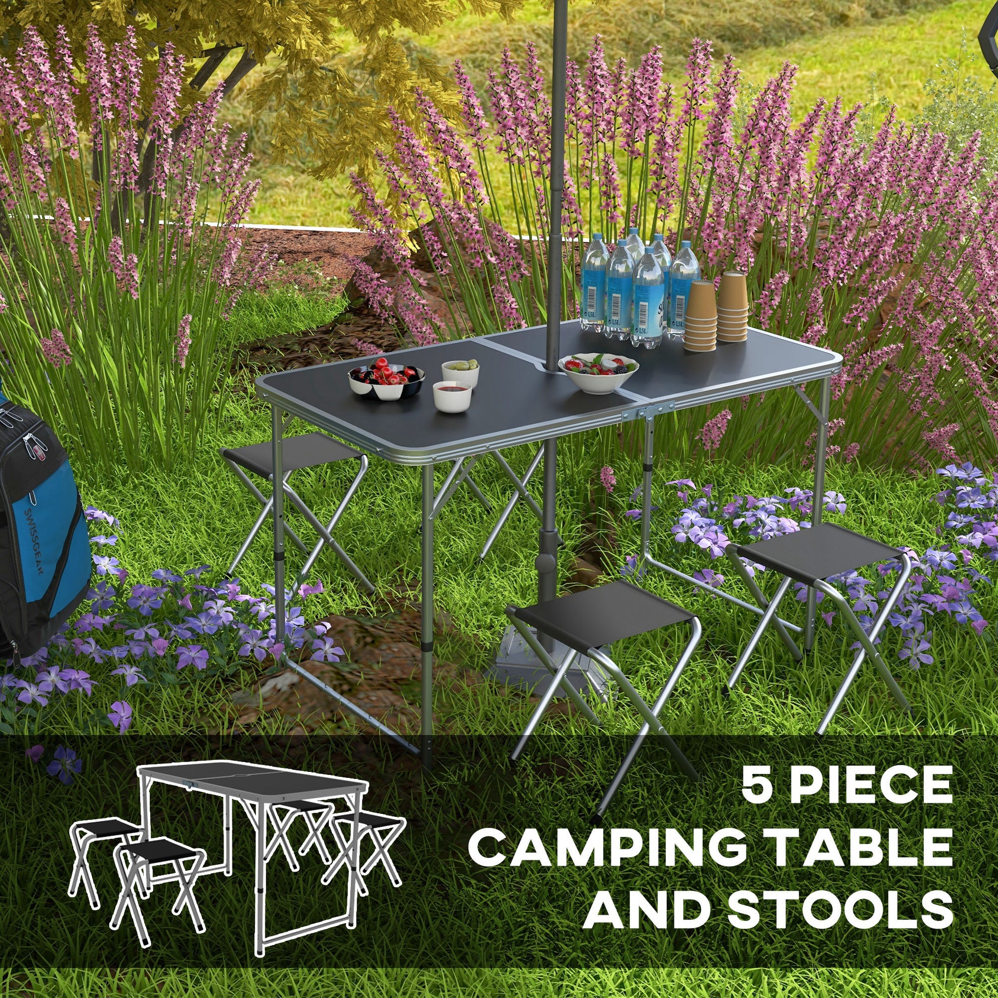 Folding Picnic Table Camping Table and Chairs Use for BBQ Picnic Garden Parties 47.2" L x 23.6" W x 21.7" -27.6" H Black