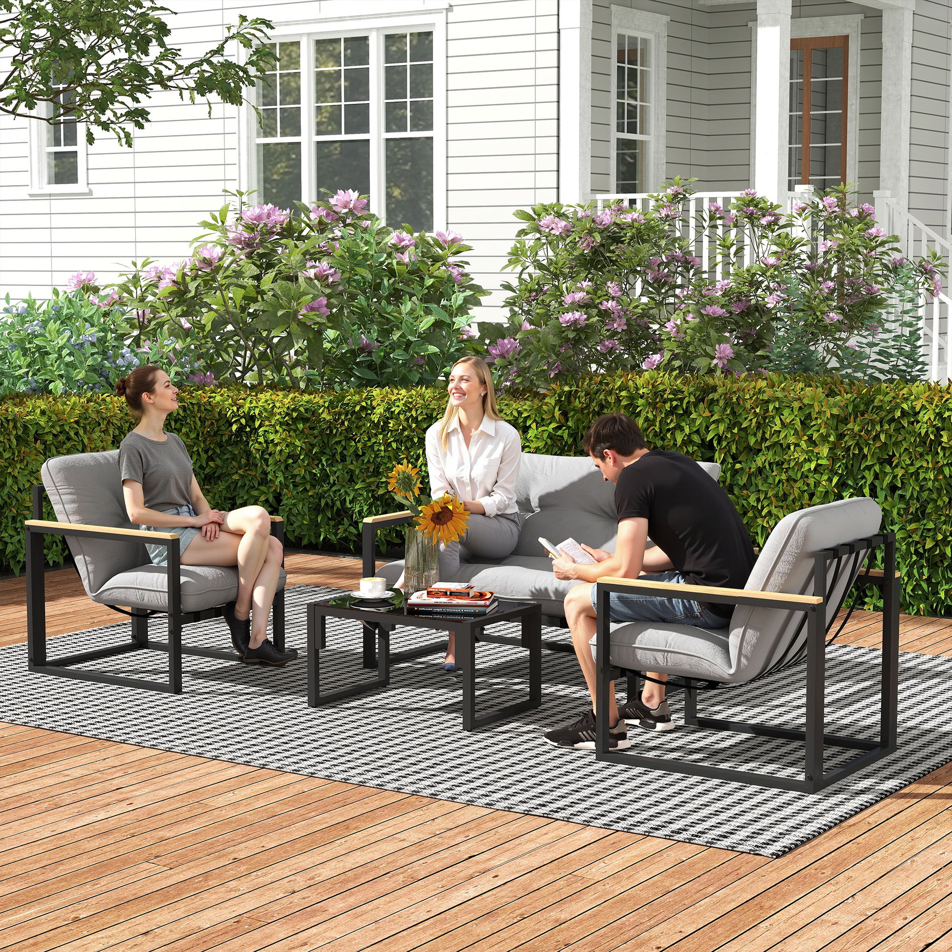 4 Piece Patio Furniture Set, Outdoor Loveseat Sofa Set with Thick Cushions and Coffee Table, Light Grey