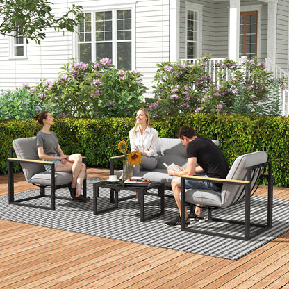 4 Piece Patio Furniture Set, Outdoor Loveseat Sofa Set with Thick Cushions and Coffee Table, Light Grey