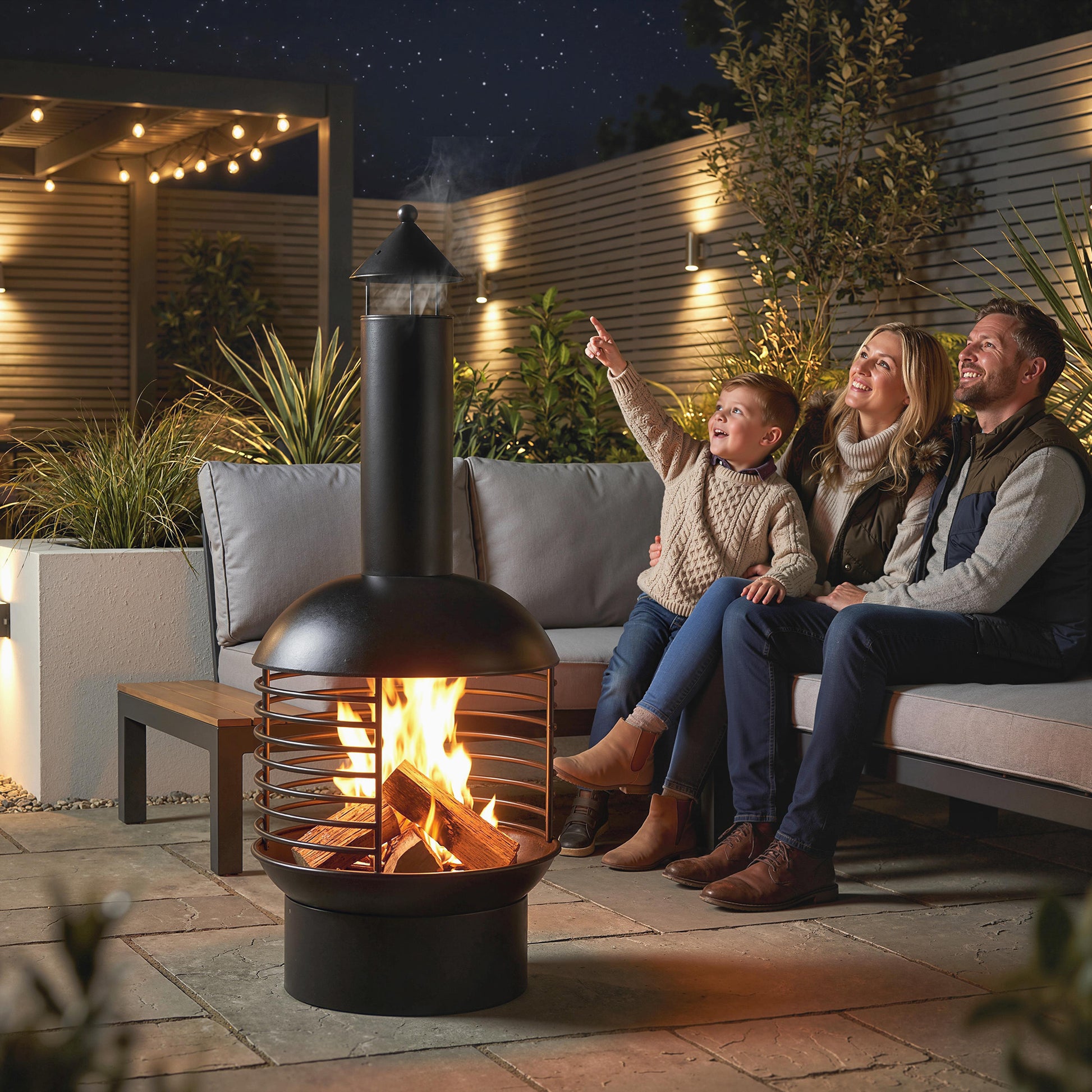 Outdoor Fire Pit, Portable Wood Burning Firepit with Poker, Charcoal Grid, Modern Chimney Design Fireplace, Black