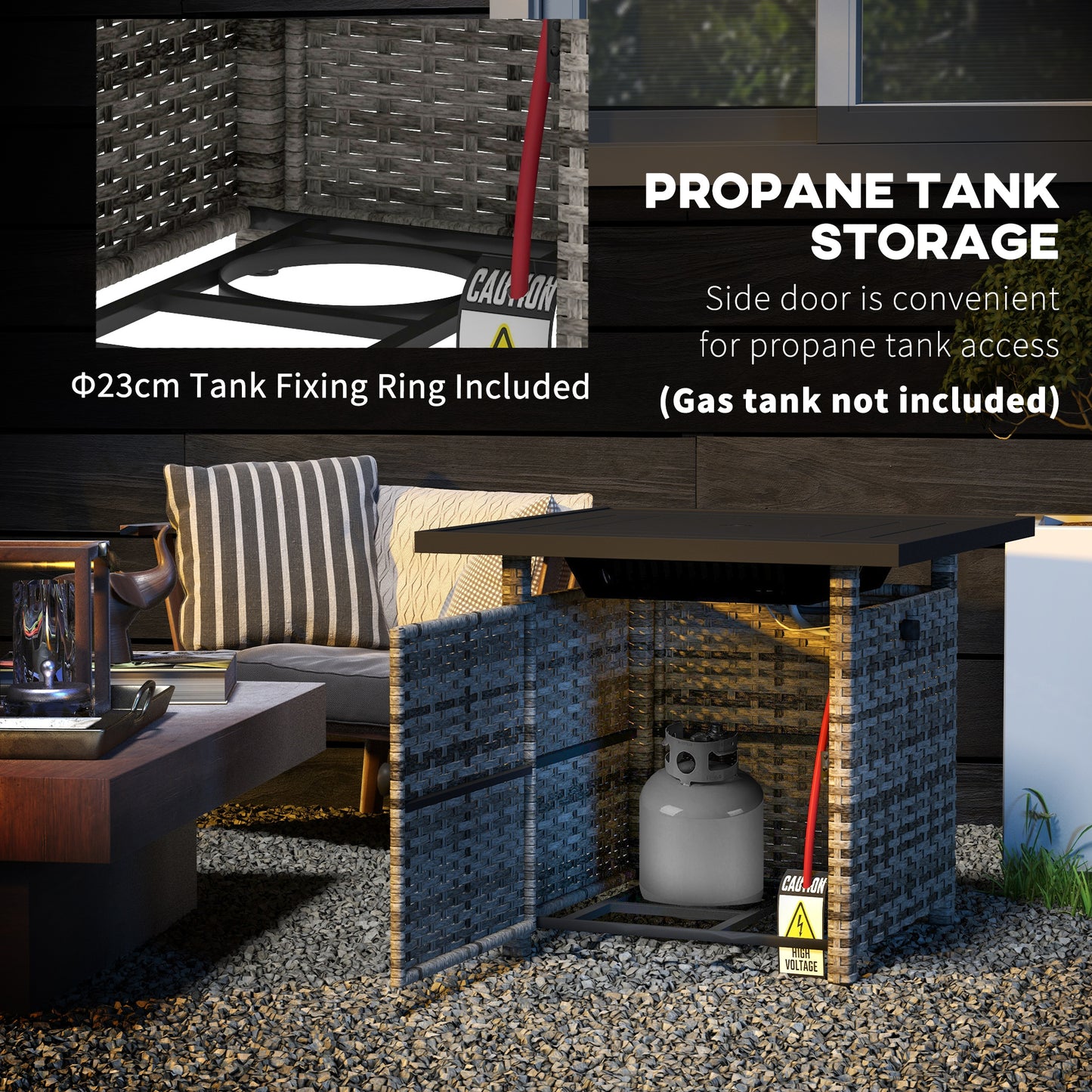 Outdoor PE Rattan Propane Fire Pit Table, 50,000 BTU Pulse-Ignition Wicker Fire Table, Mixed Grey