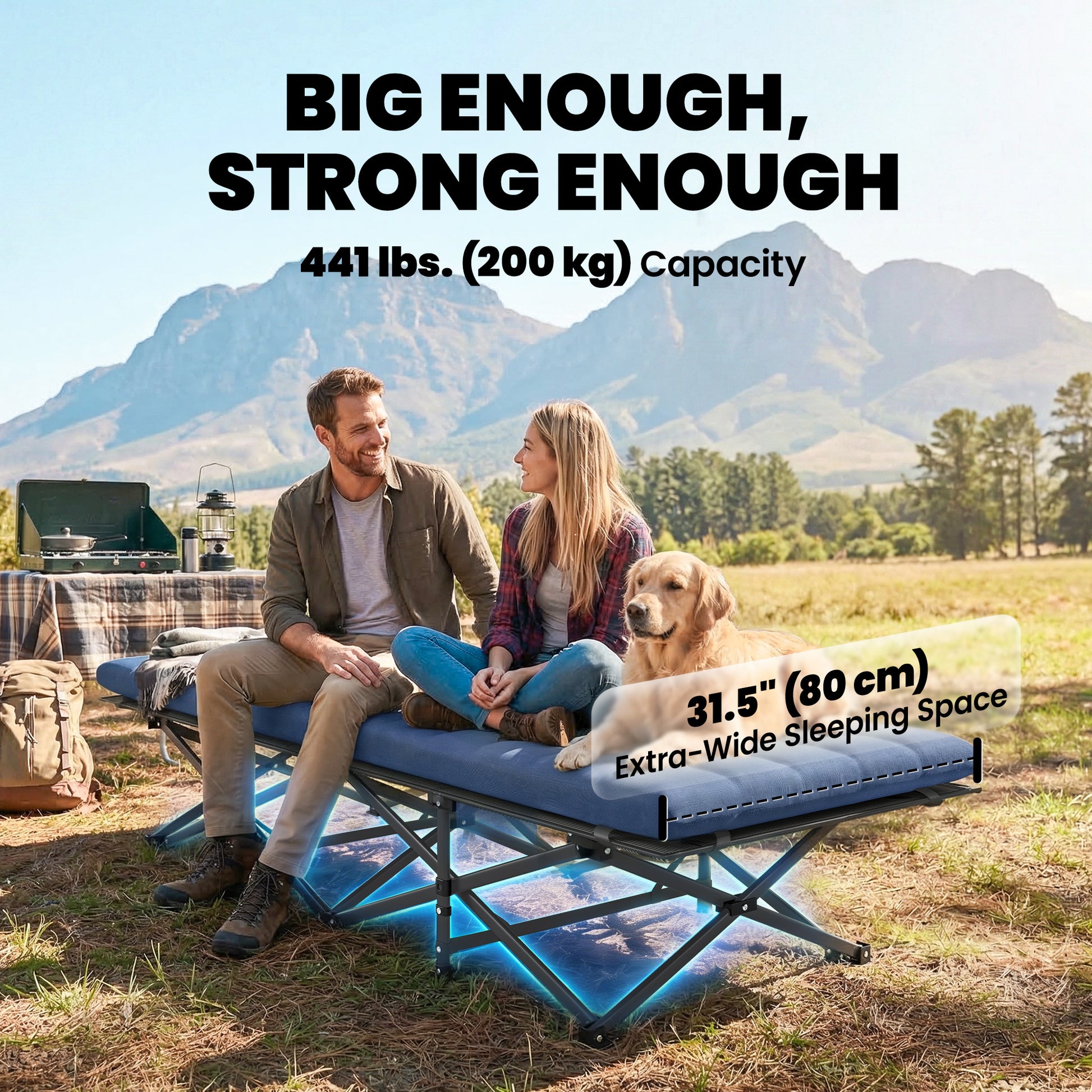 Camping Cot with Soft Pad, 32" Extra Wide Folding Cots with Non-Slip Feet and Carry Bag, Blue