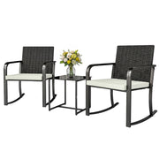 3 Pieces Rocking Bistro Set Outdoor Patio Furniture Set with Cushions, Glass Coffee Table for Balcony, Cream White