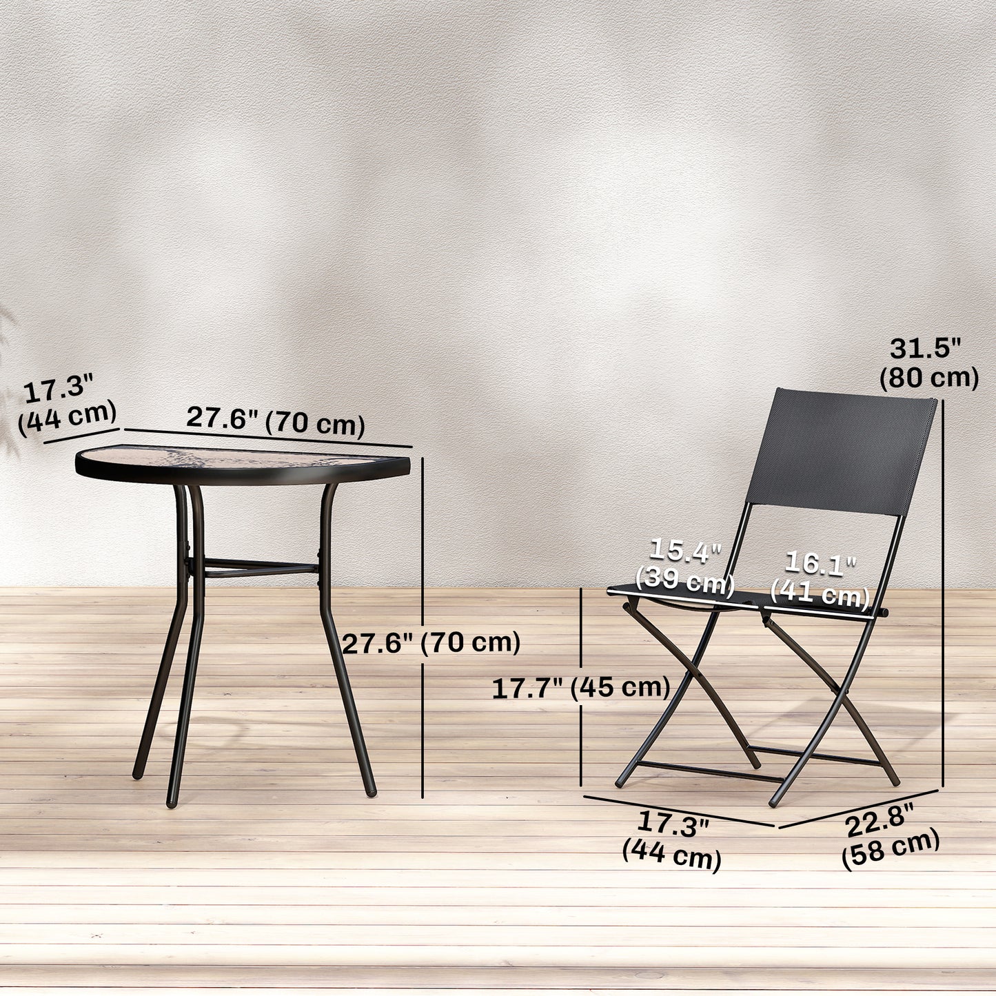 Outdoor Bistro Set, 3 Piece Patio Furniture Set with Folding Chairs, Semi-Circle Glass Top Table, Black