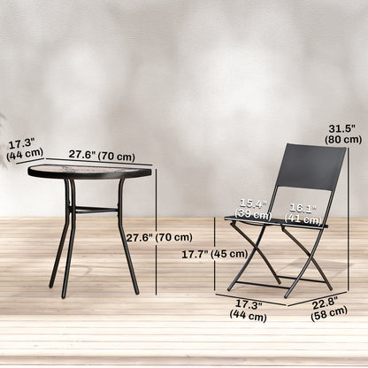 Outdoor Bistro Set, 3 Piece Patio Furniture Set with Folding Chairs, Semi-Circle Glass Top Table, Black