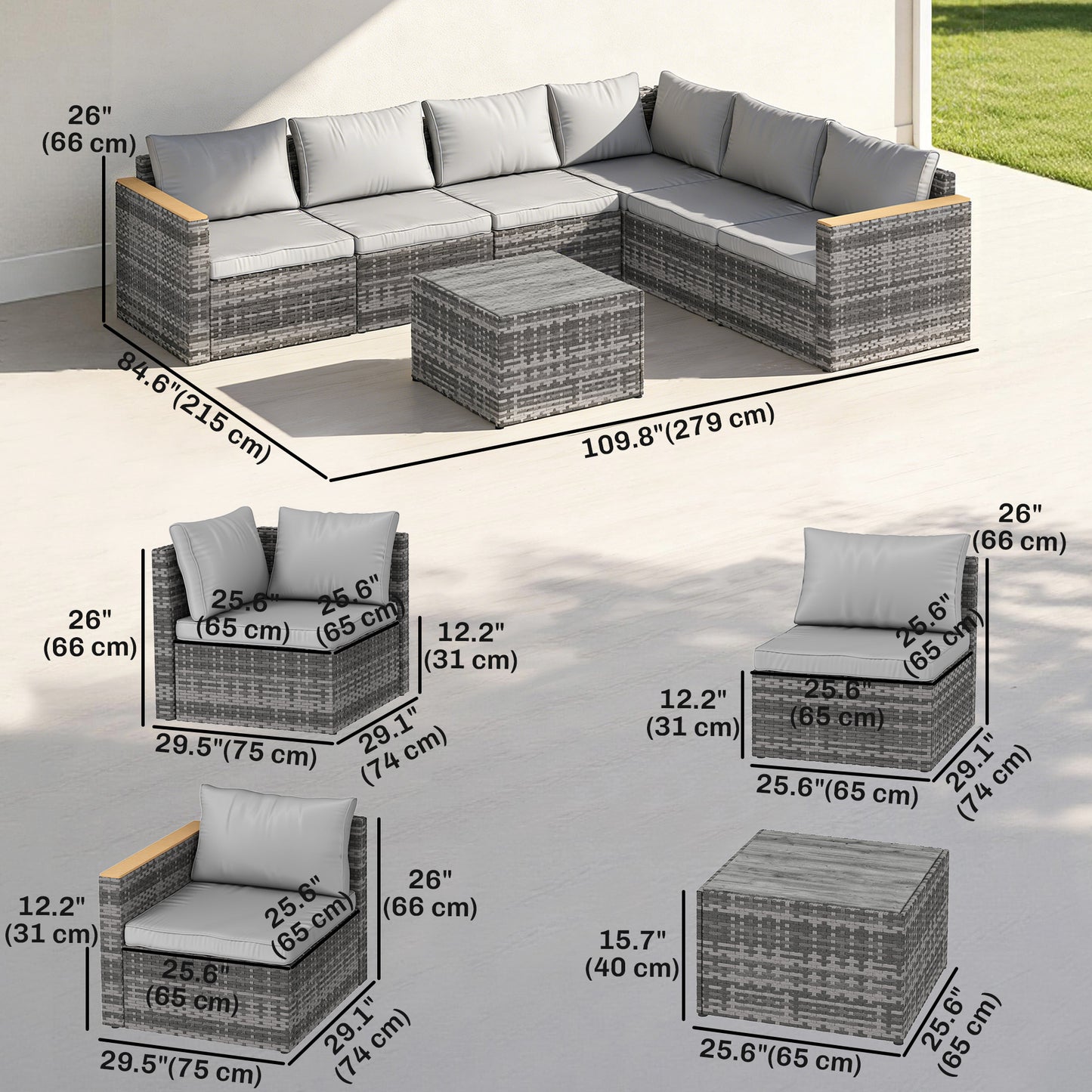7 Piece Patio Furniture Set, L-Shaped Wicker Outdoor Sectional Sofa with Faux Wood Coffee Table, Cushions, Light Grey
