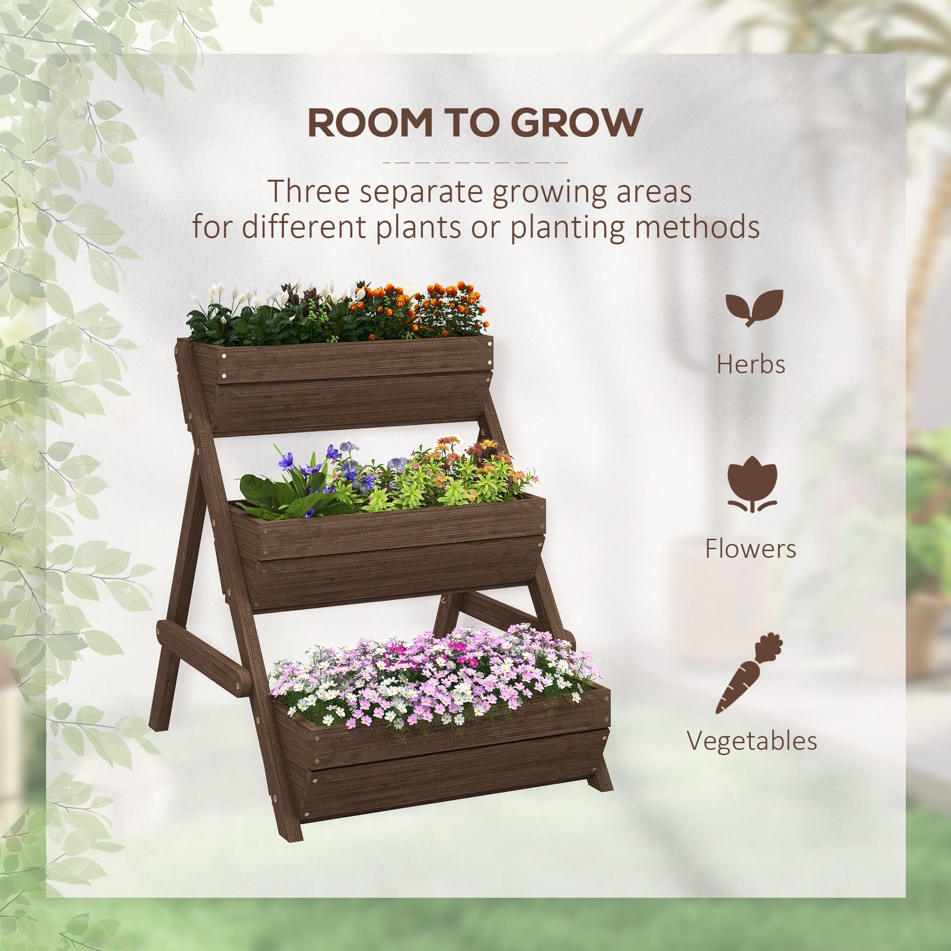 3 Tier Elevated Planter Box, Vertical Wooden Raised Garden Bed for Flowers, Vegetables, 26" x 30" x 30", Carbonized