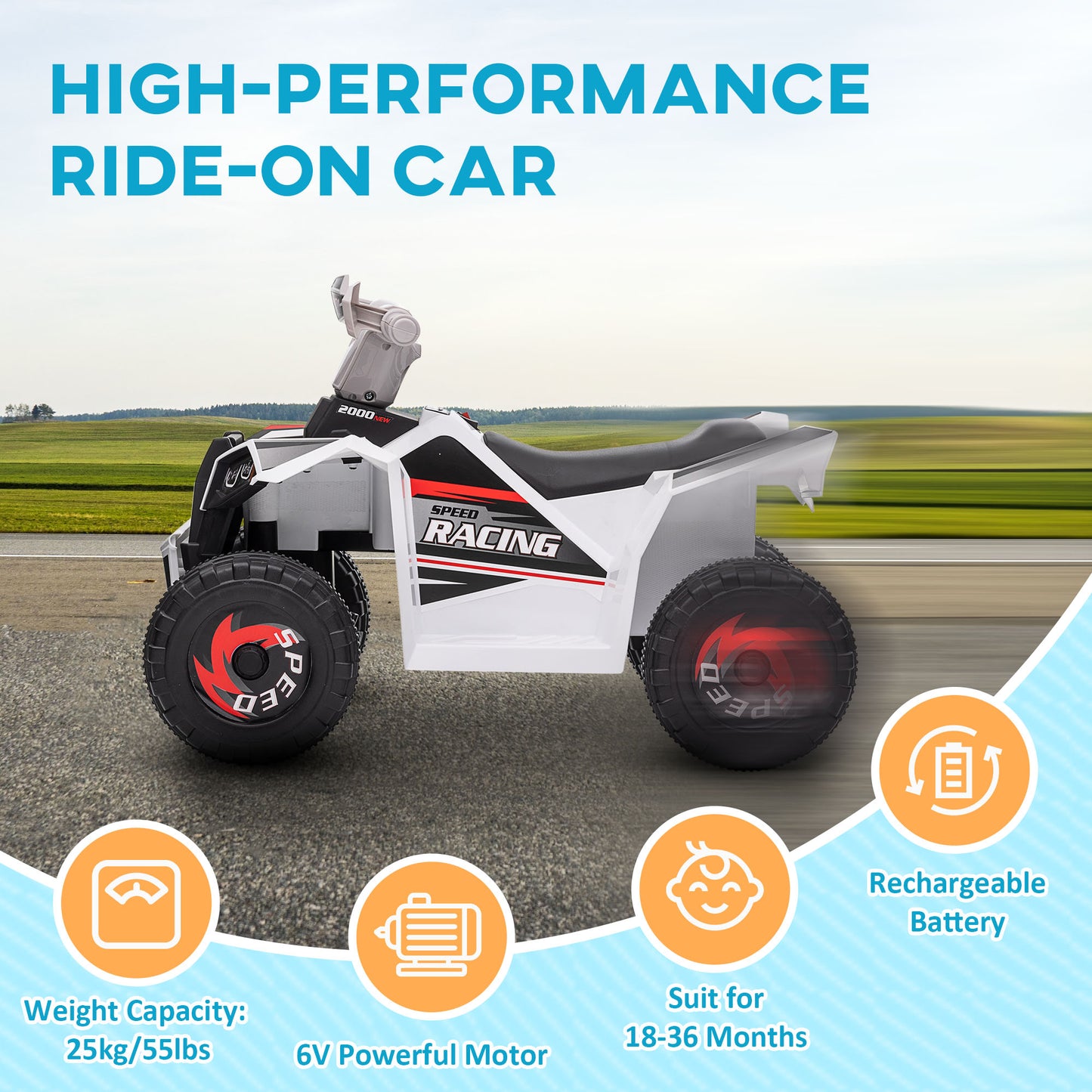 Aosom 6V Quad Kids Electric Car with Wear-resistant Wheels, for Boys and Girls Aged 18-36 Months, White