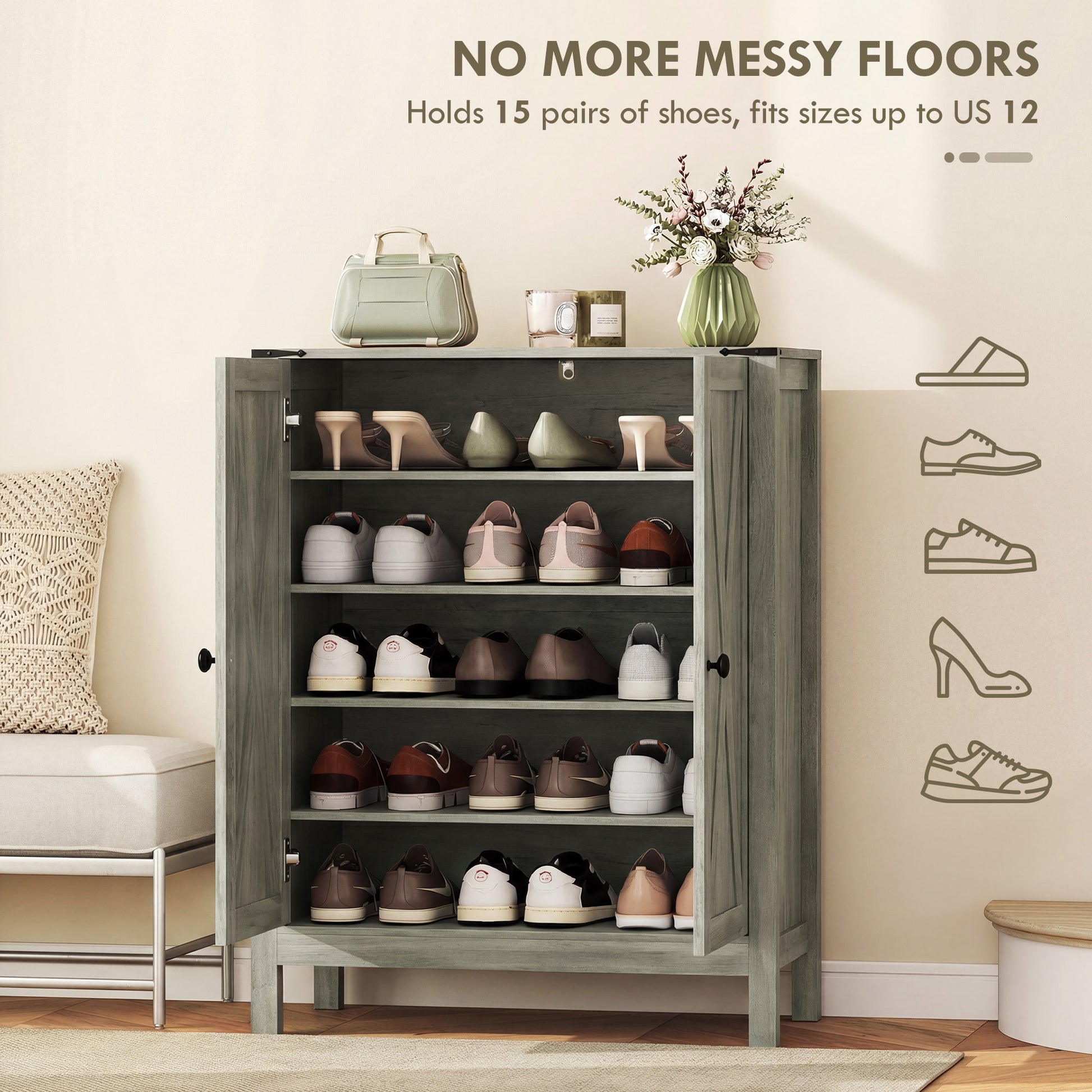 Shoe Cabinet with Barn Doors, Farmhouse Shoe Storage Cabinet with Adjustable Shelves, Holds up to 15 Pairs, Grey