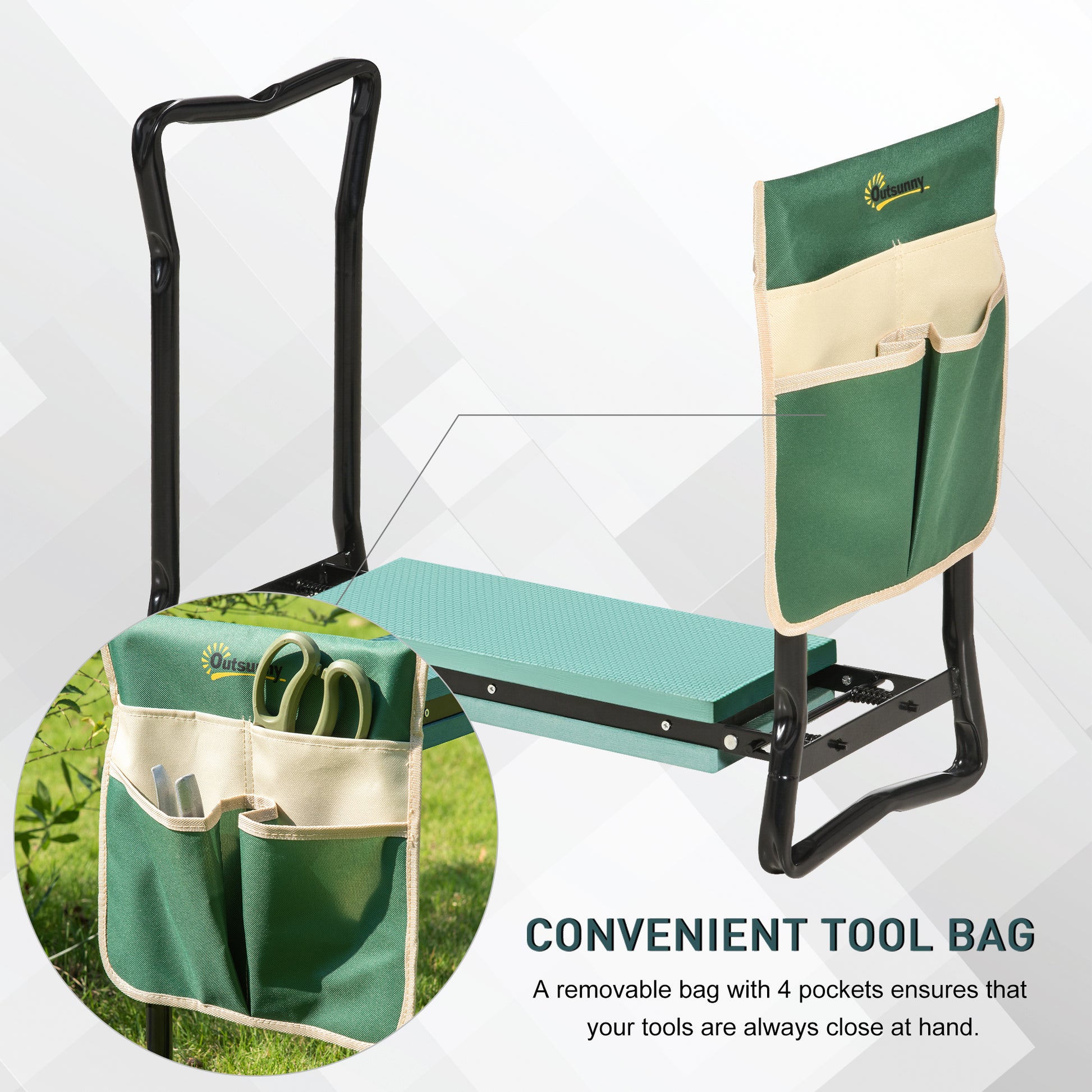 Garden Kneeler and Seat, Foldable Gardening Stool Bench with Thick EVA Foam Kneeling Pad and 1 Large Tool Pouch, Green