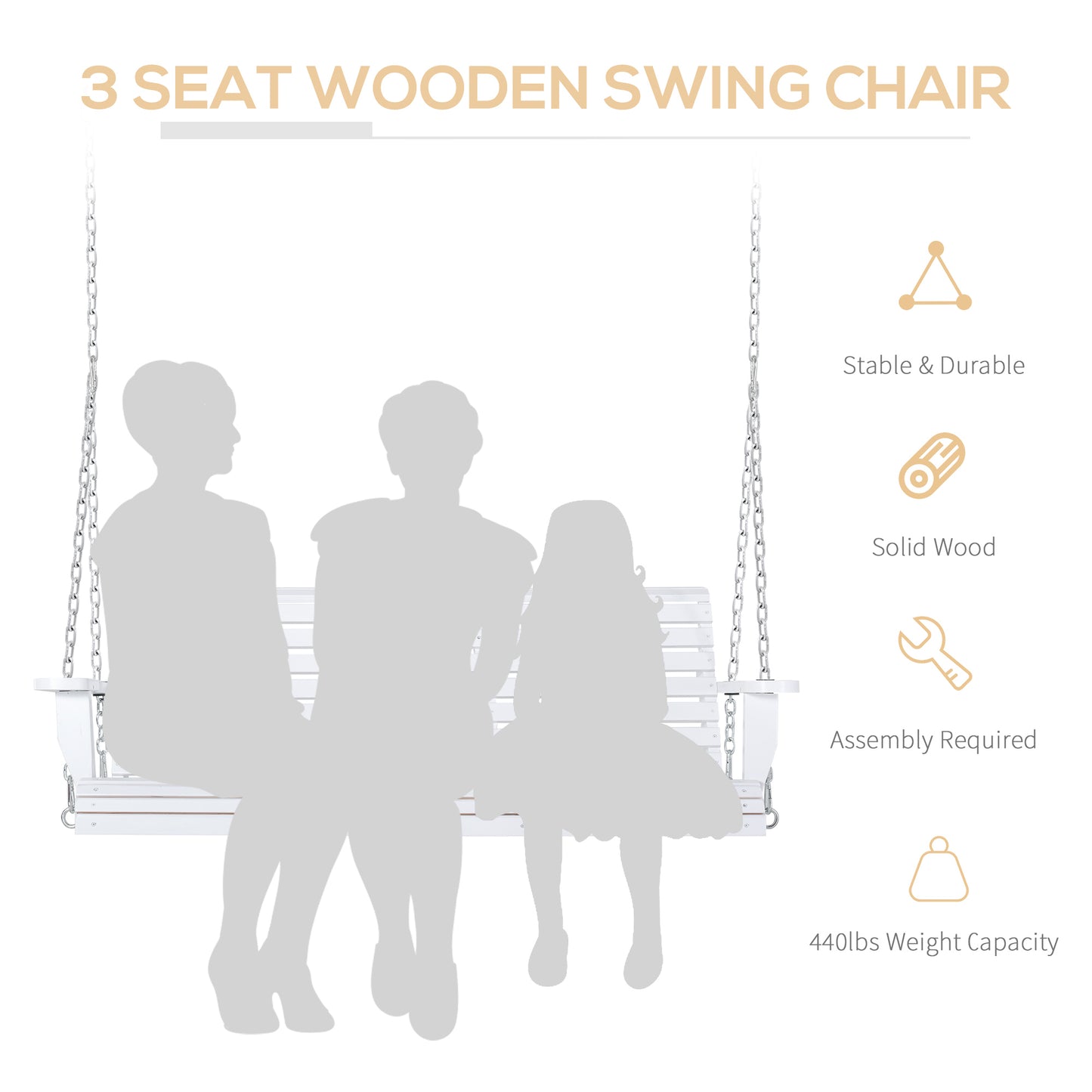 2 to 3 Seater Porch Swing Wood Patio Swing Chair Swing Bench with Foldable Table, Cup Holders, Steel Chains, White