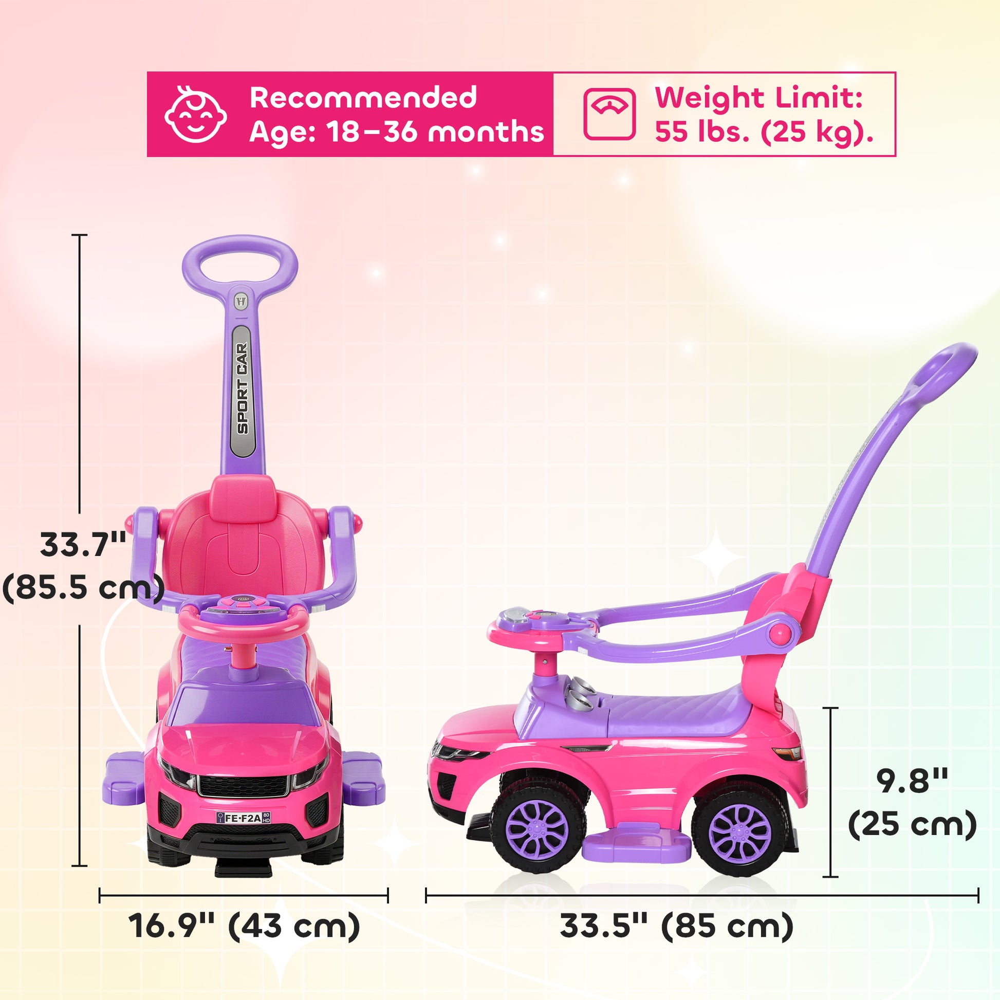 Aosom 3 in 1 Kid Ride on Push Car, Toddlers Sliding Walking Car, with Horn, Music, Light, Parent Control Handle, Secure Bar, Under Seat Storage, for Boy Girl 18-36 Months, Pink
