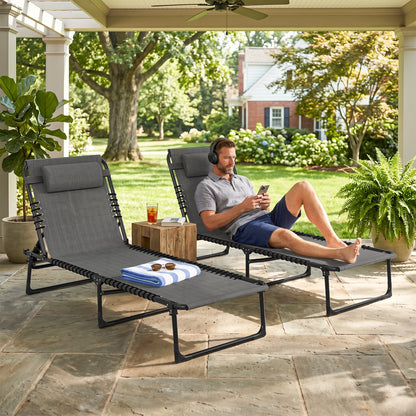 2 PCs Folding Lounge Chairs, Adjustable Chaise Lounges with Headrest, Reclining Lounger Cot for Camping, Hiking, Grey