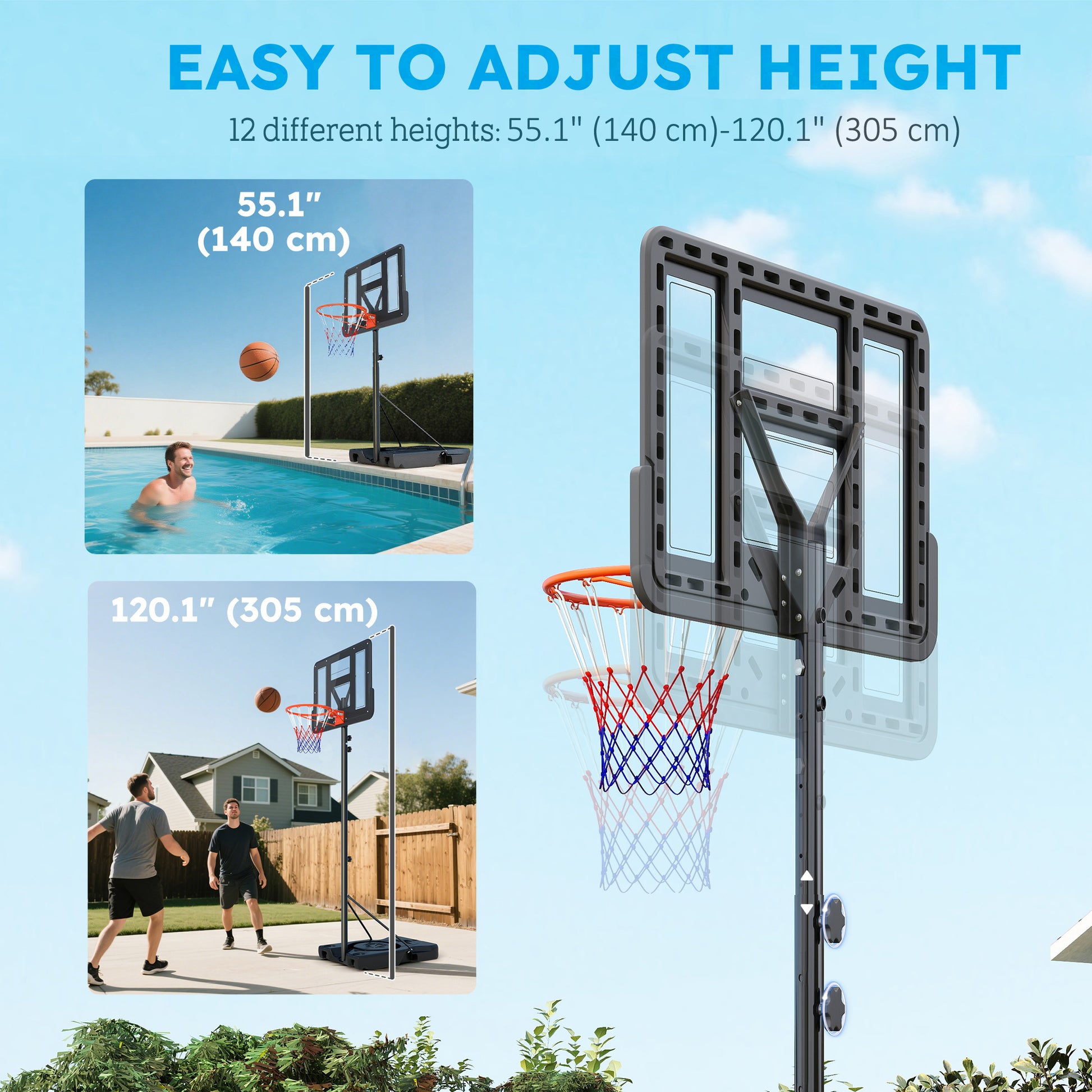 Soozier Basketball Hoop Outdoor, 4.6-10ft Portable Basketball Goal with Wheels and 43" Backboard, for Teenagers Youth Adults