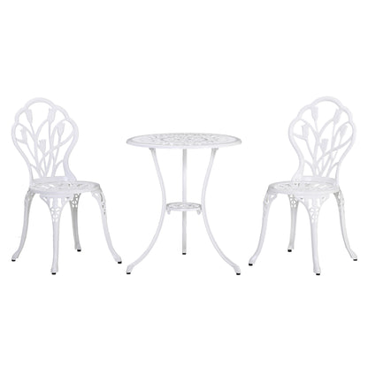 3 Pieces Patio Bistro Set, Outdoor Cast Aluminum Garden Table and Chairs with Umbrella Hole for Balcony, White