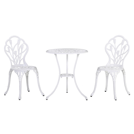 3 Pieces Patio Bistro Set, Outdoor Cast Aluminum Garden Table and Chairs with Umbrella Hole for Balcony, White