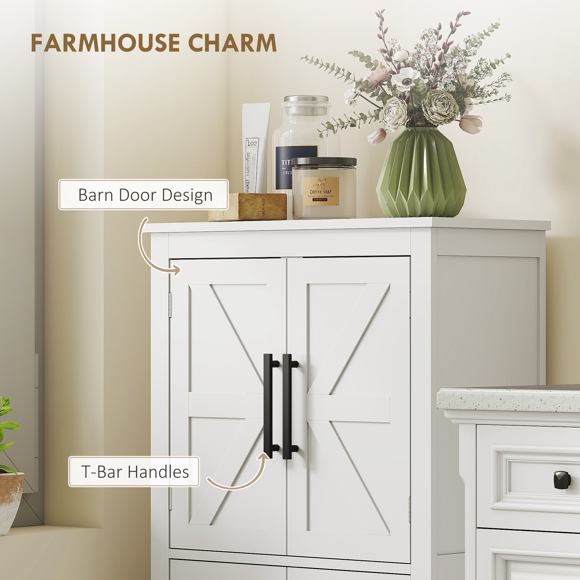 Farmhouse Bathroom Storage Cabinet, Bathroom Floor Cabinet with Barn Doors and Adjustable Shelf, White