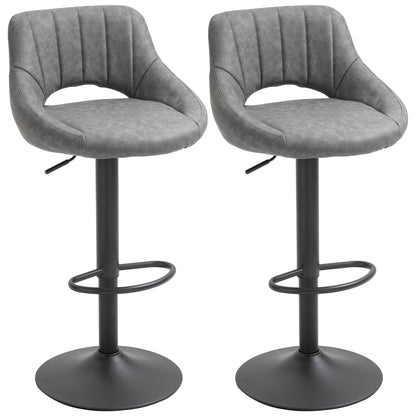 Bar Stools Set of 2, Swivel Counter Height Barstools with Adjustable Height and Cutout Back, Faux Leather Upholstered Bar Chairs with Round Metal Base and Footrest, Grey