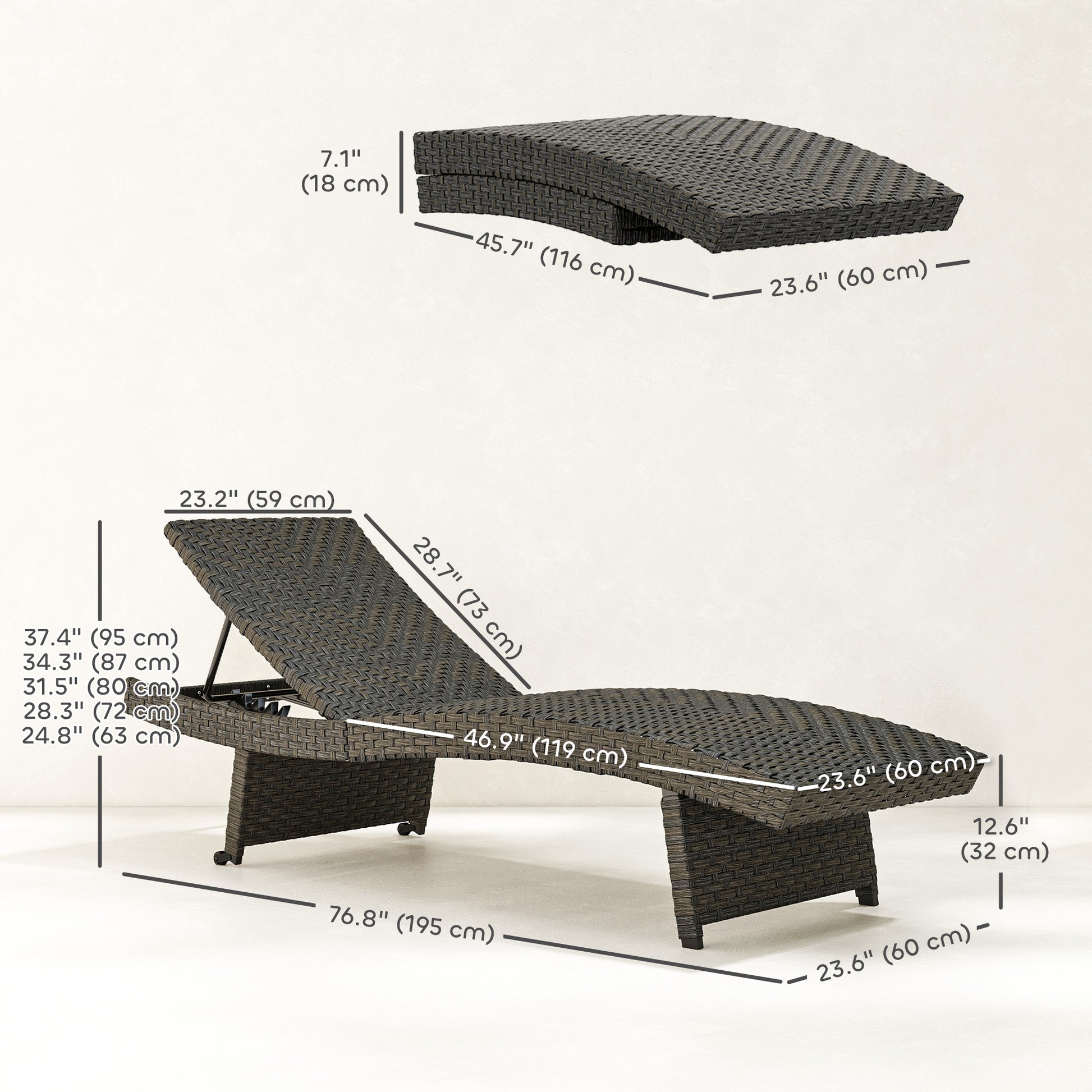 Rattan Folding Outdoor Lounger Chair Recliner with 5-Level Adjustable Backrest, Wheels for Garden, Patio, Mixed Brown
