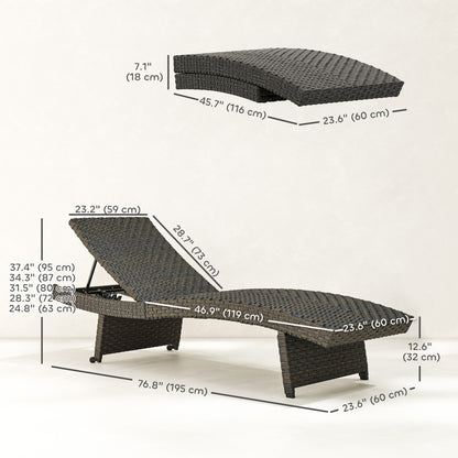 Rattan Folding Outdoor Lounger Chair Recliner with 5-Level Adjustable Backrest, Wheels for Garden, Patio, Mixed Brown