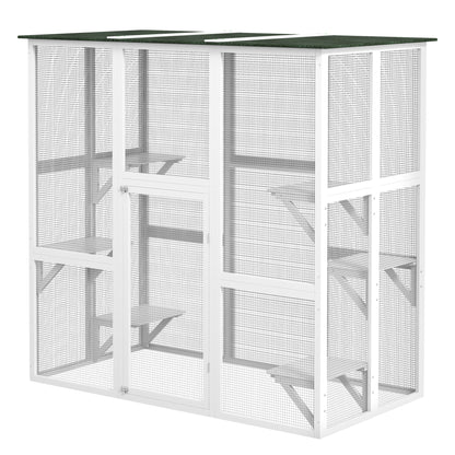 Large Outdoor Catio Enclosure, Wooden Cat Patio with 6 Balanced Platforms and Asphalt Roof, 70.9" x 38.6" x 70.9", White