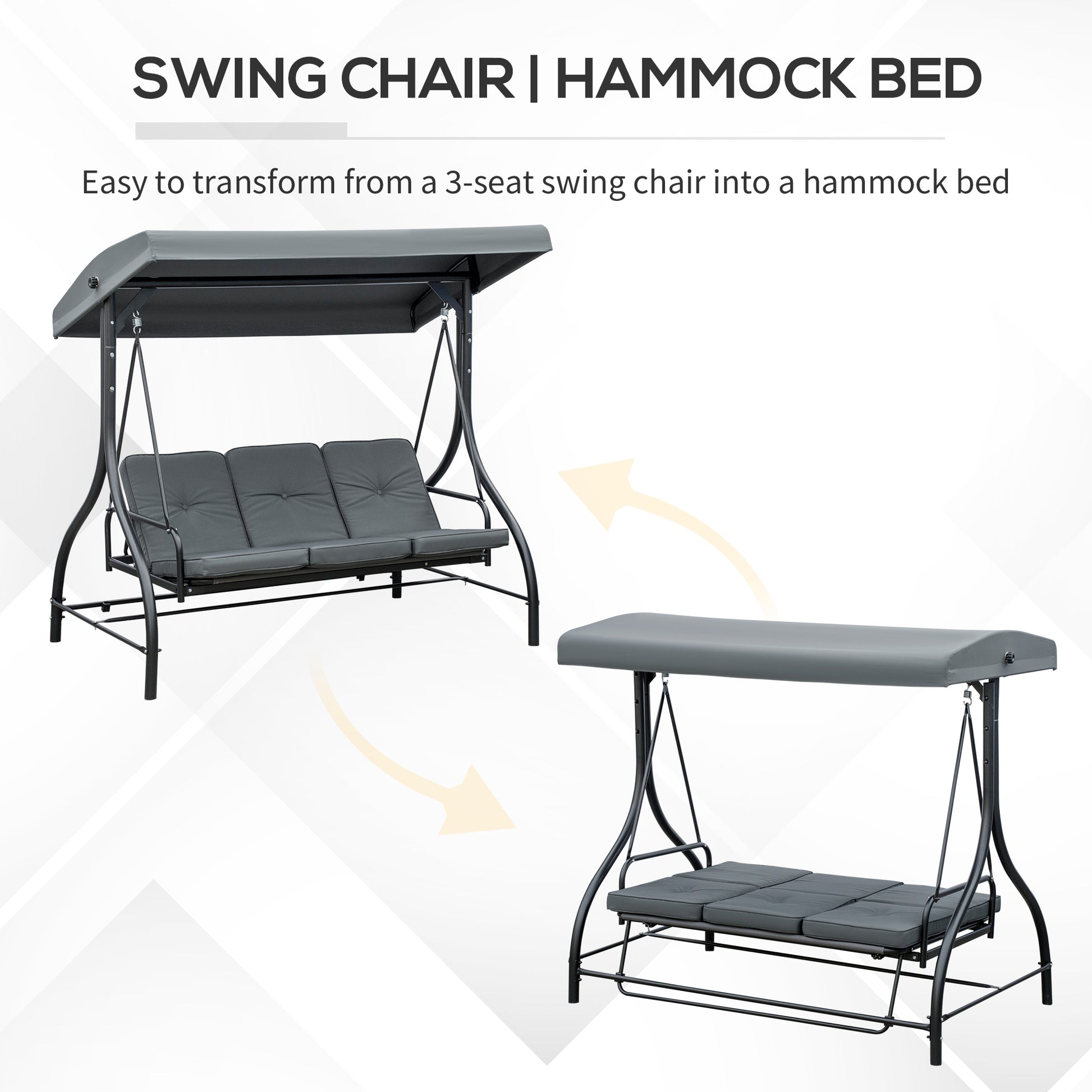 Convertible Patio Swing Bed with Canopy and Cushions, 3 Seater Porch Swing for Outdoor, Backyard, Garden, Dark Grey