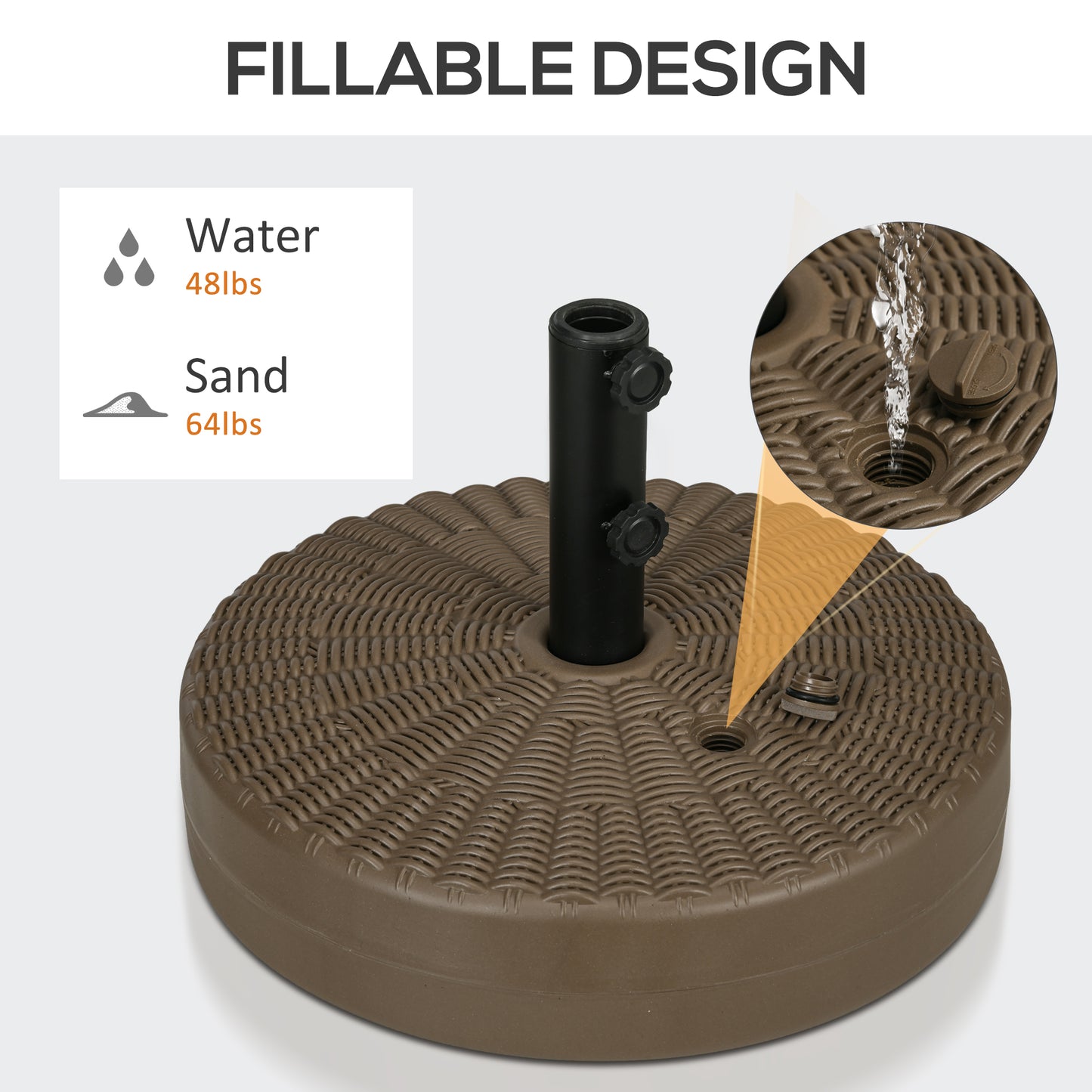 Umbrella Base, Heavy Duty Fillable Base Holder with Steel Pole, Round Parasol Stand for Patio, Outdoor, Backyard, Brown