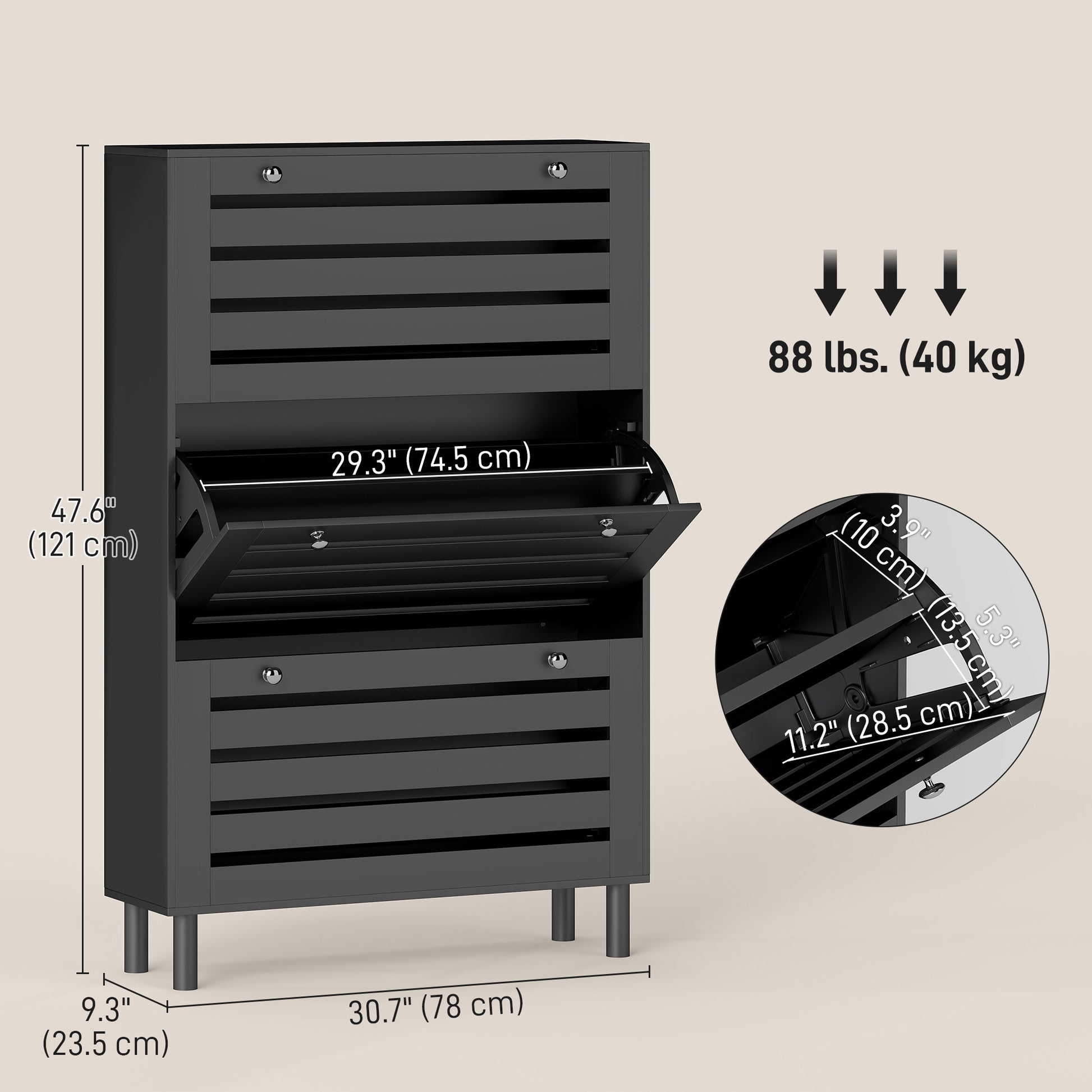 Narrow Shoe Storage Cabinet, 3 Flip Drawers, Adjustable Shelves, 18-24 Pairs Capacity, Black