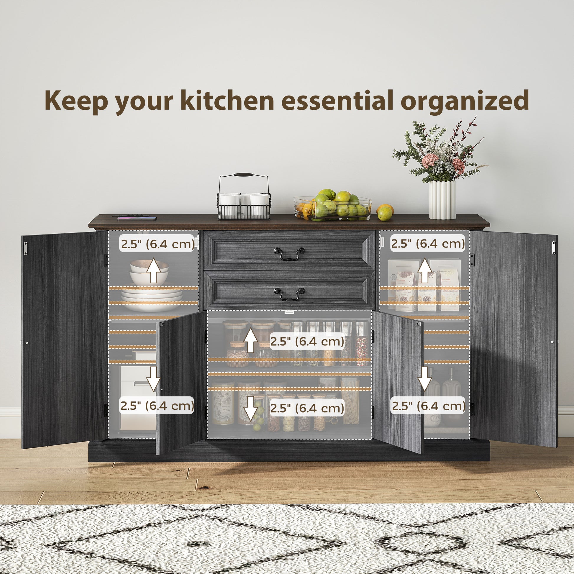 Farmhouse Sideboard with Charging Station and Thickened Top, 58" Buffet Cabinet with 2 Soft-Close Drawers, Black