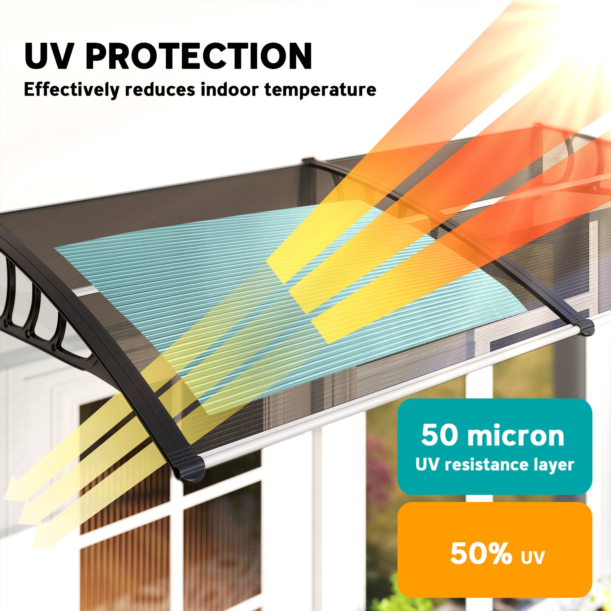 Window Awning Door Canopy, Polycarbonate Front Door Outdoor Patio Cover, Sun Shelter, Hollow Sheet for UV, Rain, Snow and Sunlight Protection, Brown, 40" x 80"