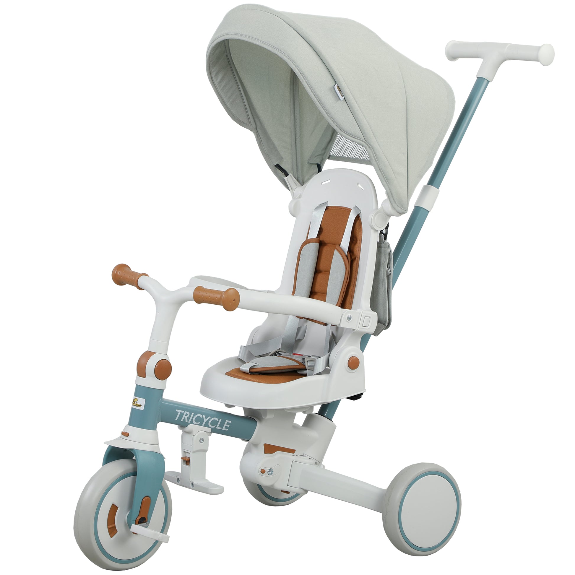 Qaba 9 in 1 Toddler Tricycle with Safety Harness, Adjustable & Removable Parent Handle, Canopy, Storage Bag, Brake, Blue