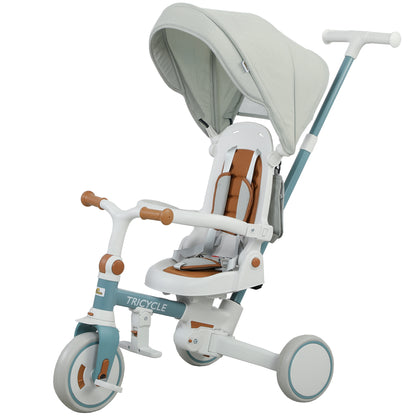 Qaba 9 in 1 Toddler Tricycle with Safety Harness, Adjustable & Removable Parent Handle, Canopy, Storage Bag, Brake, Blue