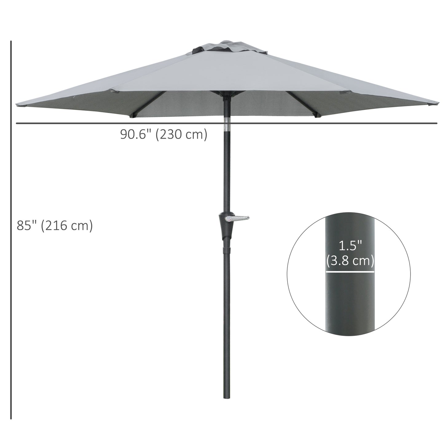 Patio Sun Umbrella, Outdoor Parasol with 6 Ribs, Light Grey