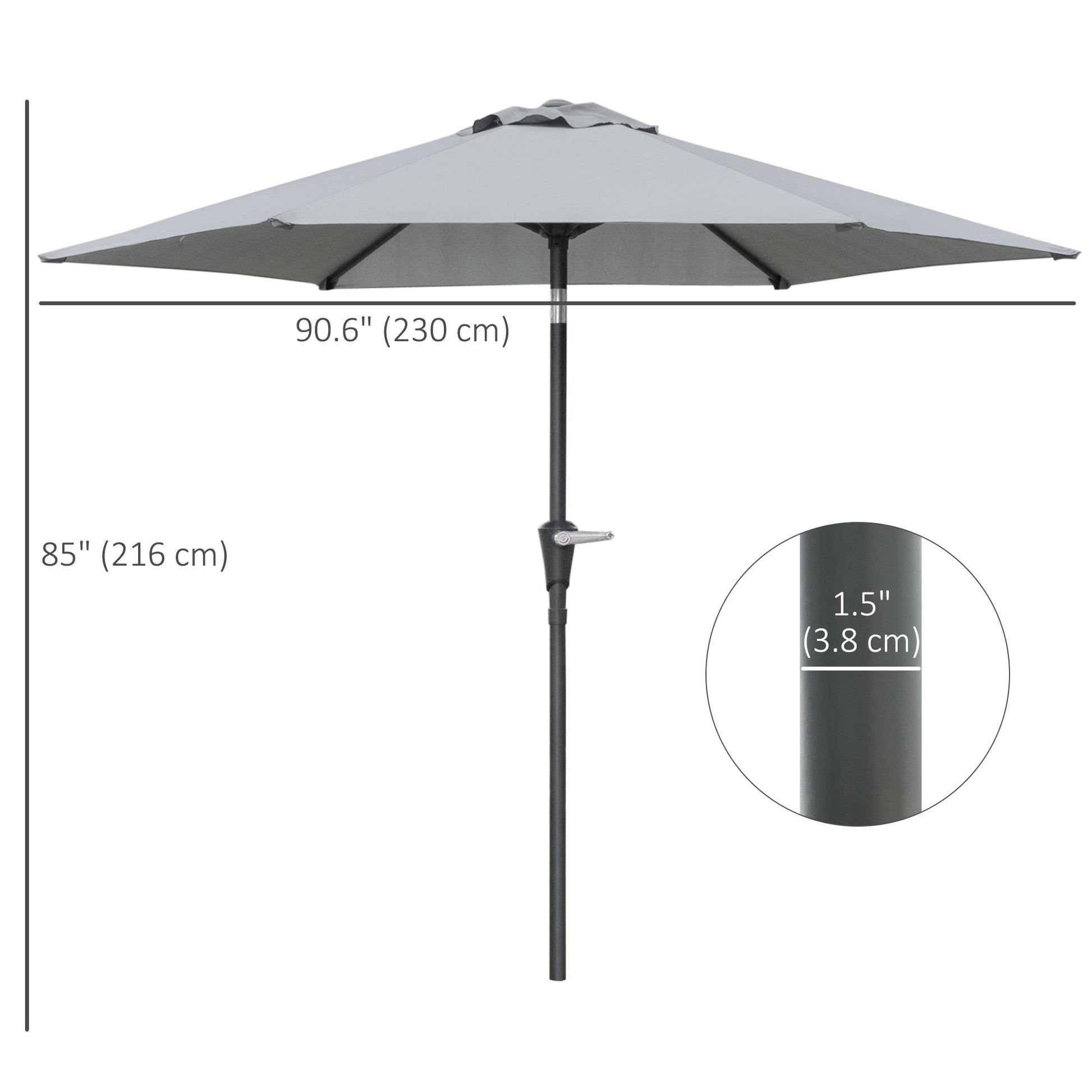 Patio Sun Umbrella, Outdoor Parasol with 6 Ribs, Light Grey