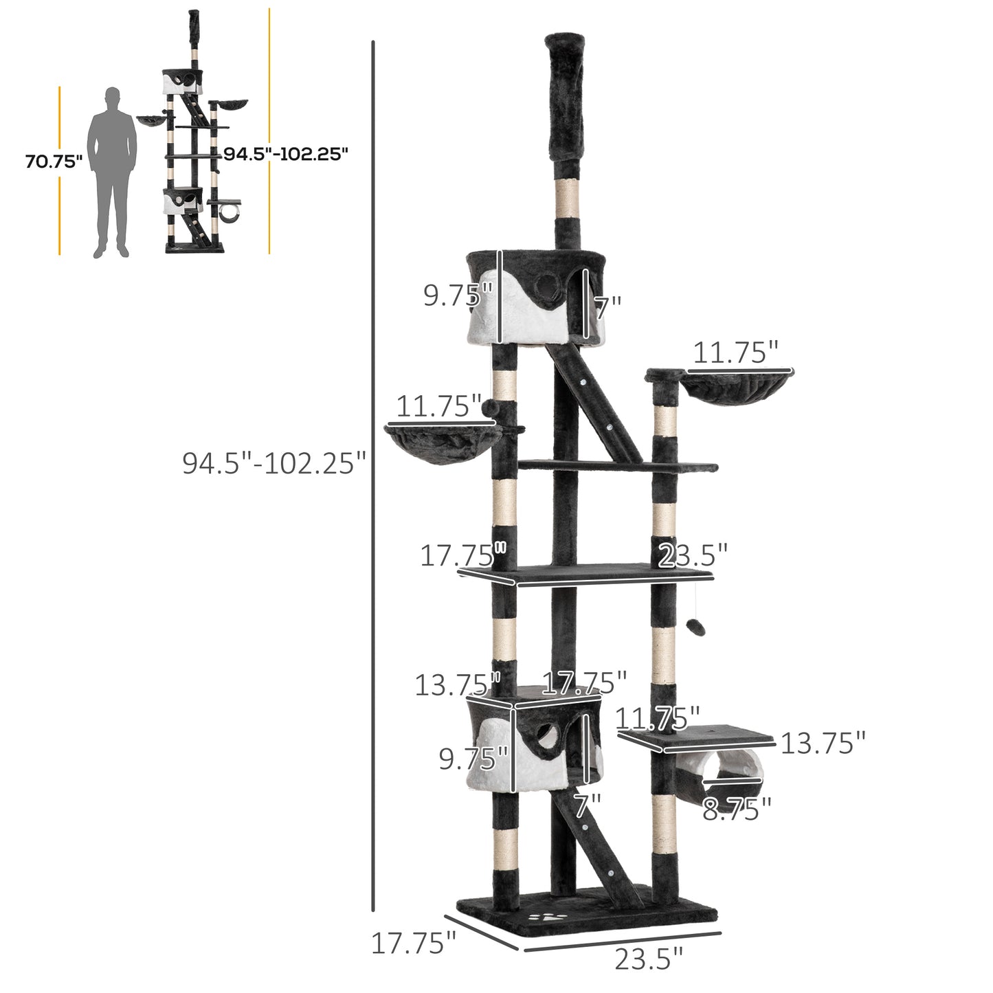 94"-102" Floor to Ceiling Cat Tree, High Cat Condo Scratching Post Activity Center, Multi-Level Play House