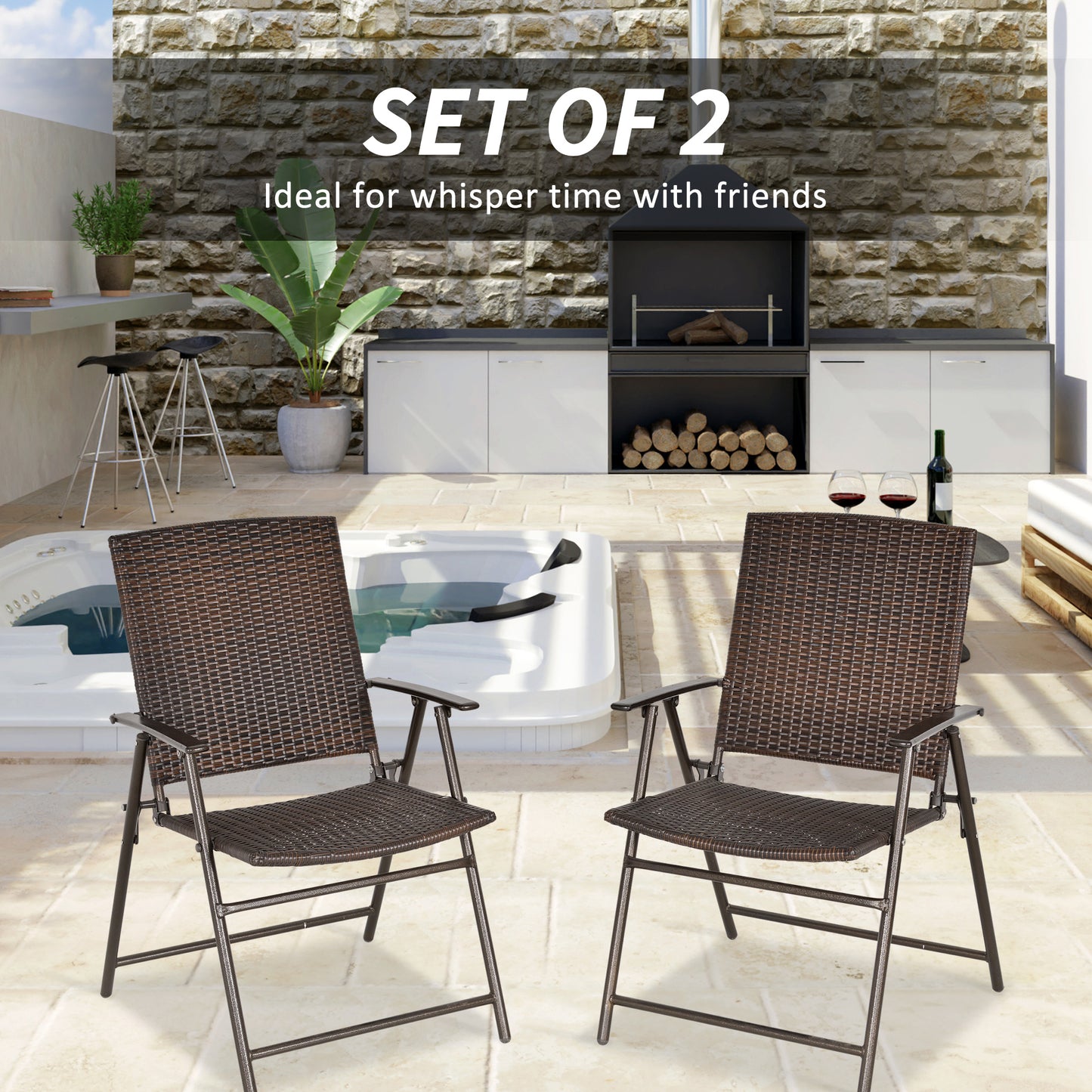 Outdoor Wicker Dining Chair Set of 2, 2 Pieces Rattan Foldable Chair with Steel Frame for Garden, Backyard, Porch, Brown