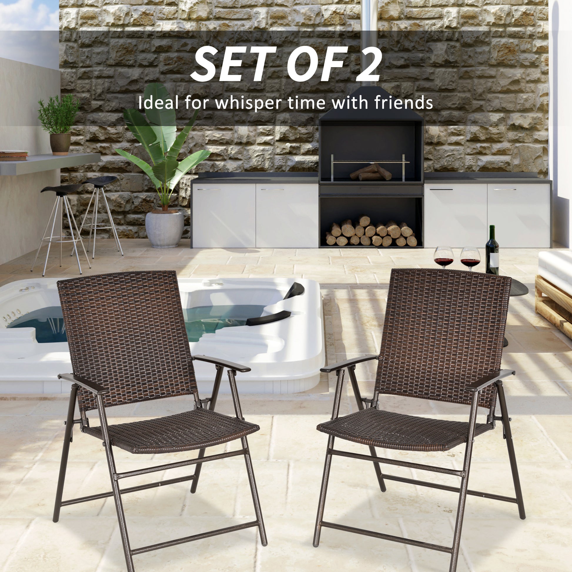Outdoor Wicker Dining Chair Set of 2, 2 Pieces Rattan Foldable Chair with Steel Frame for Garden, Backyard, Porch, Brown