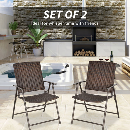 Outdoor Wicker Dining Chair Set of 2, 2 Pieces Rattan Foldable Chair with Steel Frame for Garden, Backyard, Porch, Brown