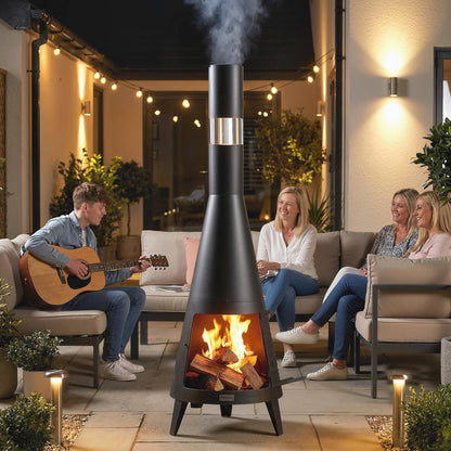 Wood Burning Firepit with Chimney, Outdoor Fire Pit with Poker, Mesh Screen, Black