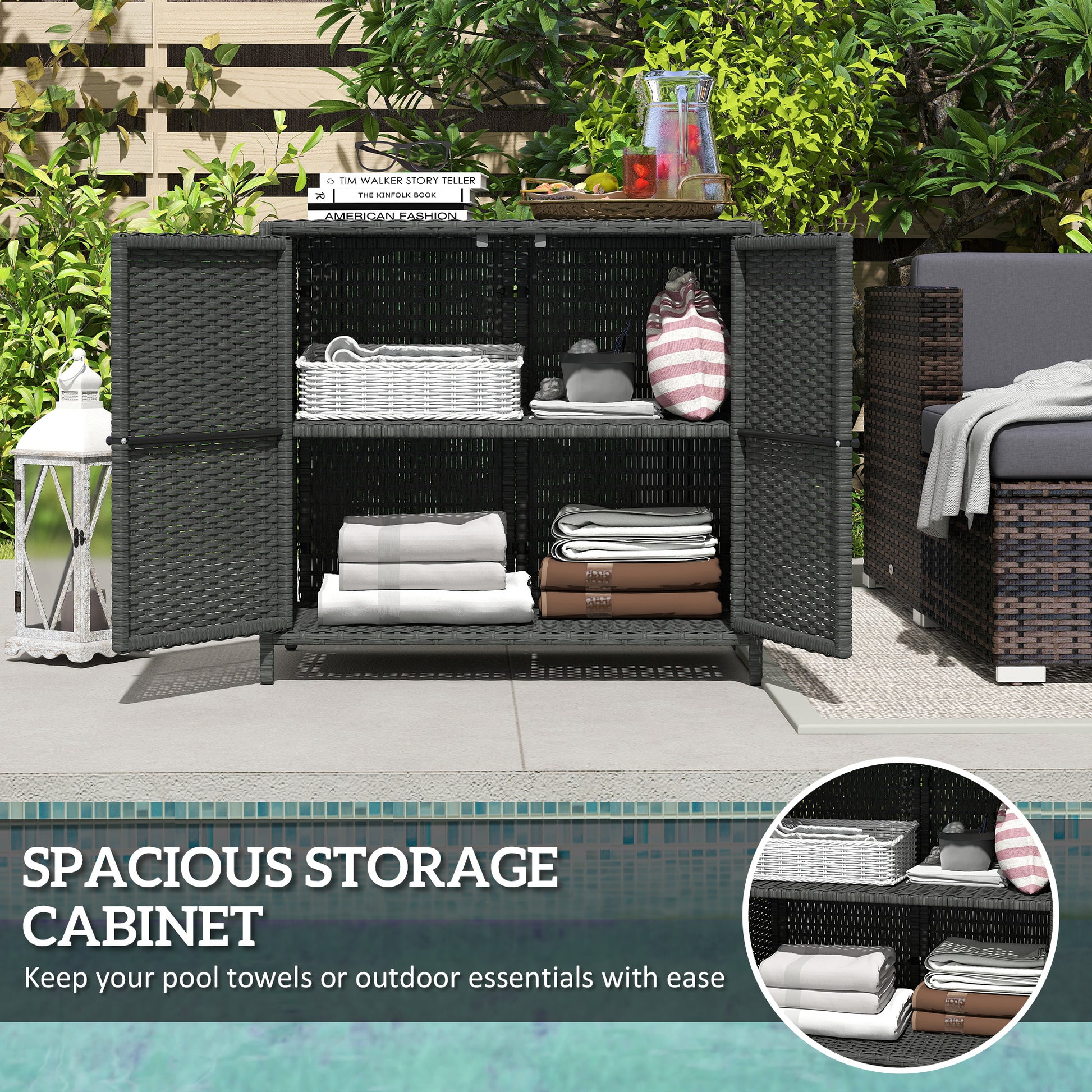 Wicker Outdoor Storage Cabinet Double Magnetic Doors, PE Rattan Outdoor Towel Rack for Pool, Patio, Dark Grey