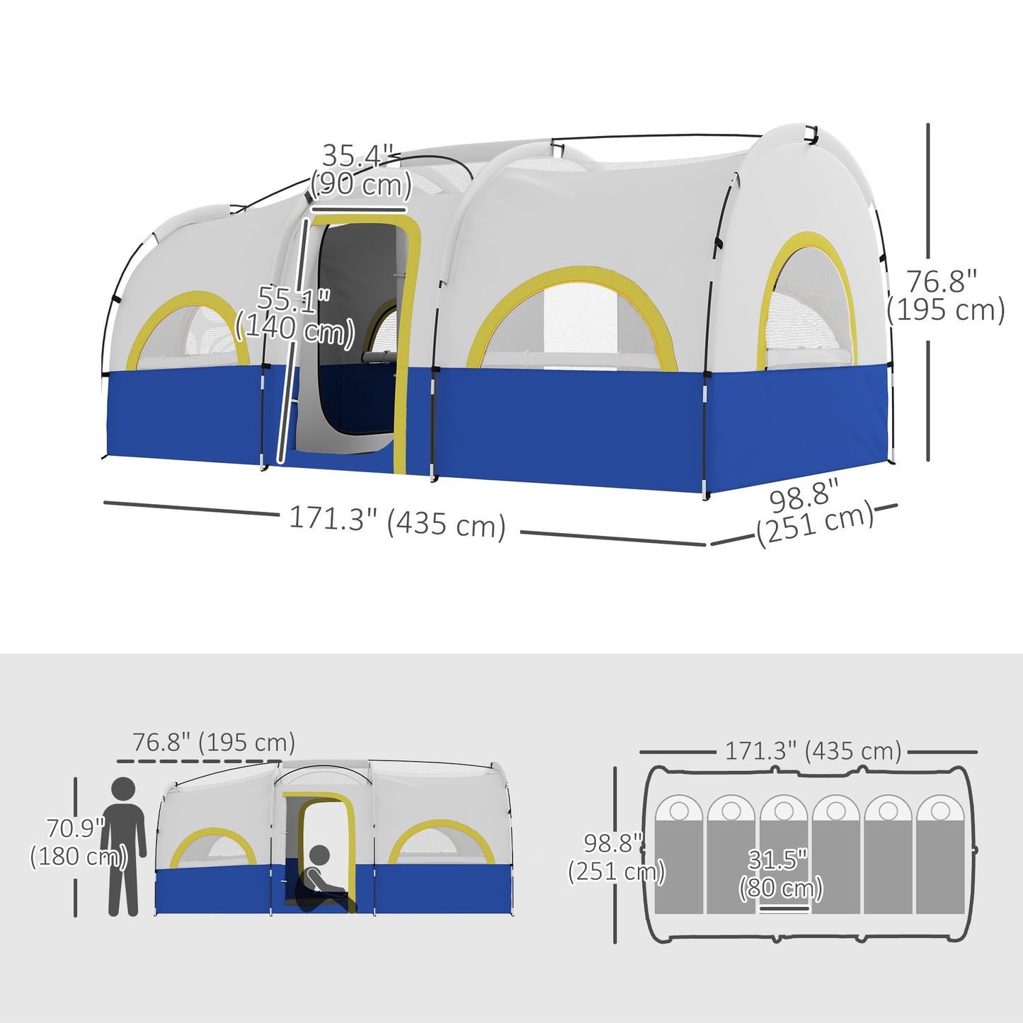 4-6 Person Camping Tent, 3 Room Cabin Tent, 3000mm Waterproof and UPF30+ with Sewn in Groundsheet and Carry Bag, Blue