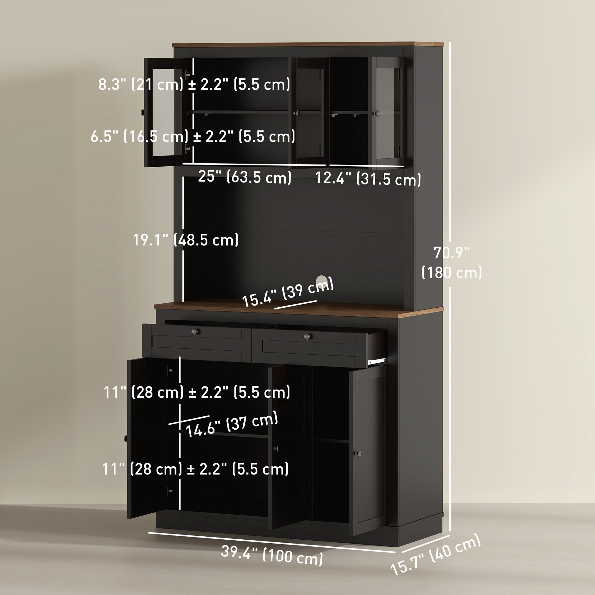 71" Pantry Cabinet with Microwave Space, Buffet with Hutch, 2 Drawers, Adjustable Shelves and Glass Doors, Black