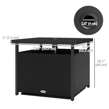 21.75" Outdoor Rattan Wicker Patio Coffee Table with Umbrella Hole, Patio Side Table with Slatted Metal Top, Black