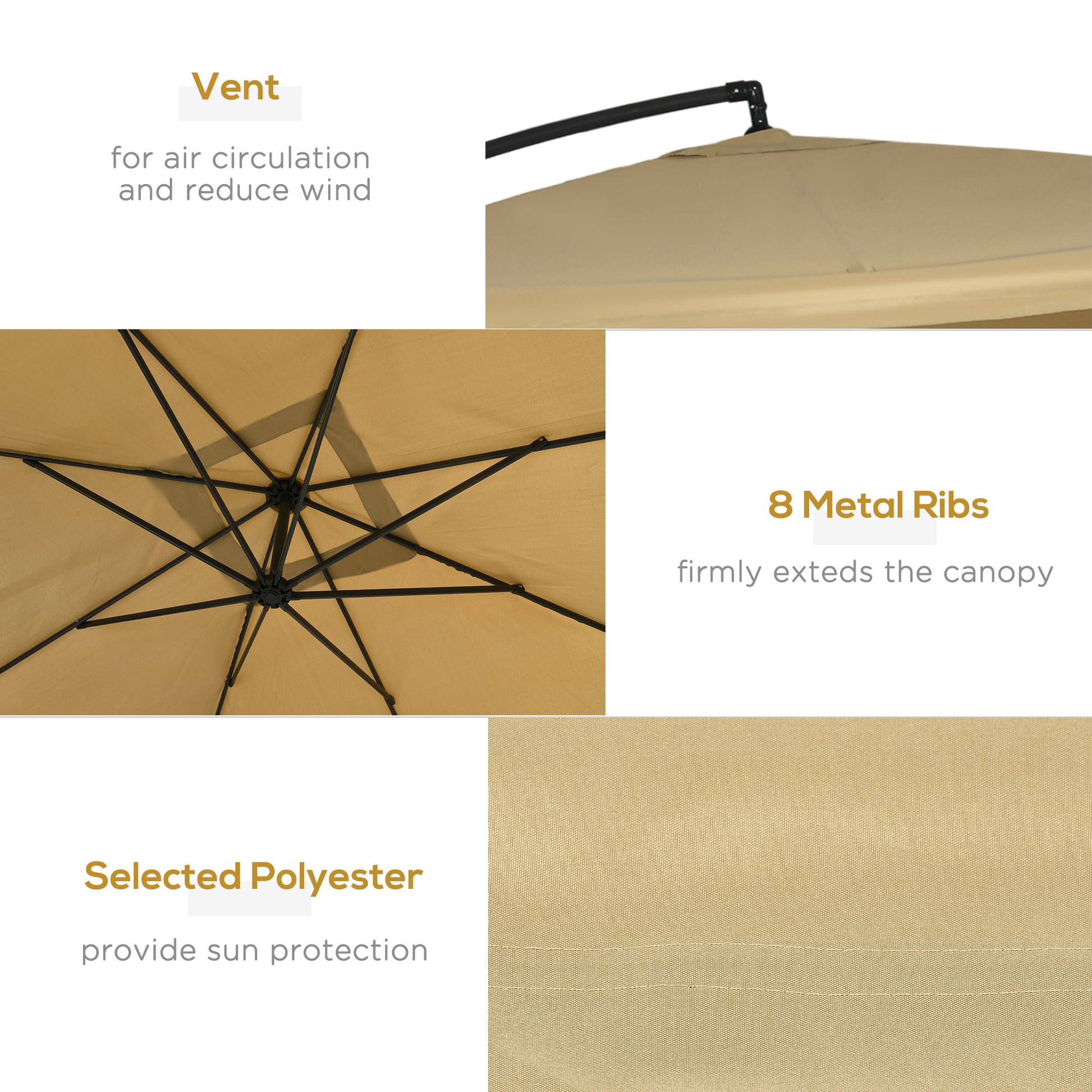 Offset Patio Umbrella with Net and Umbrella Base, Adjustable Cantilever Canopy with Cross Base, Weight Plates and 8 Ribs for Backyard, Poolside, Garden, Beige