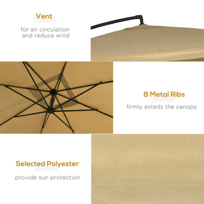 Offset Patio Umbrella with Net and Umbrella Base, Adjustable Cantilever Canopy with Cross Base, Weight Plates and 8 Ribs for Backyard, Poolside, Garden, Beige