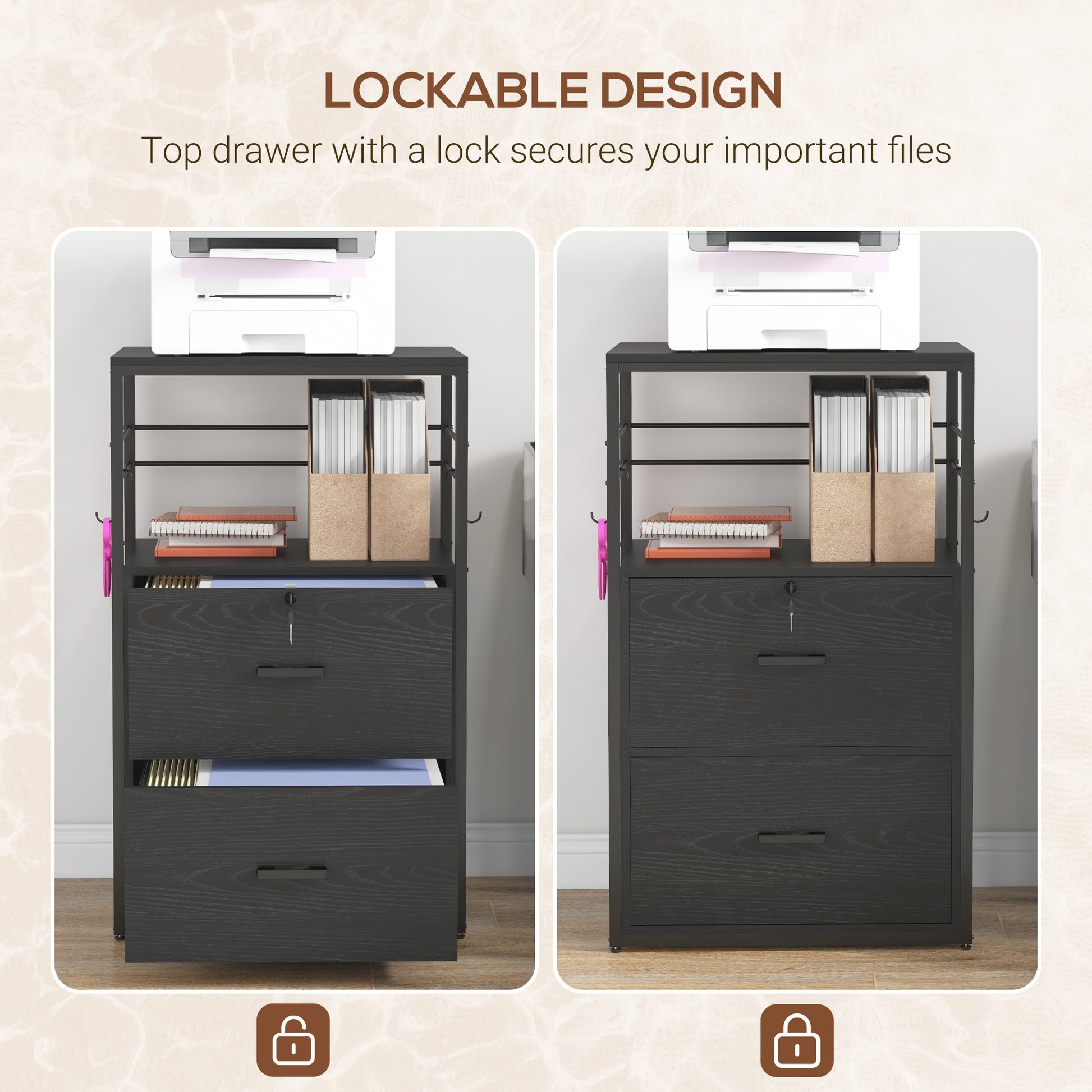 Lockable Filing Cabinet, 2 Drawer File Cabinet with Adjustable Hanging Bar for Letter, A4 and Legal Size, Black